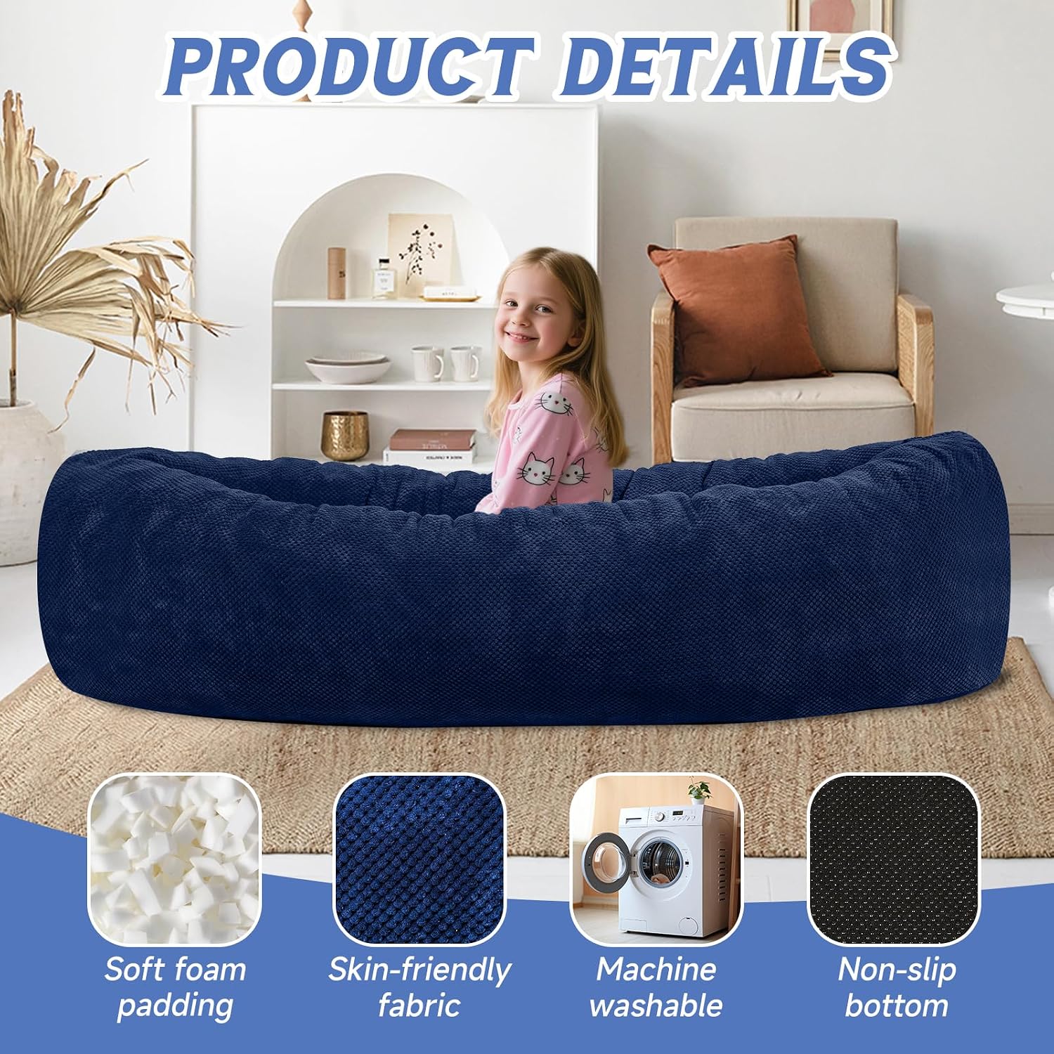 Sensory Chair for Autistic Children - Foam Peapod Sensory Canoe with Non-Slip Base, Soft Cover Machine Washable, Calming Cocoon for Kids(Navy Blue)