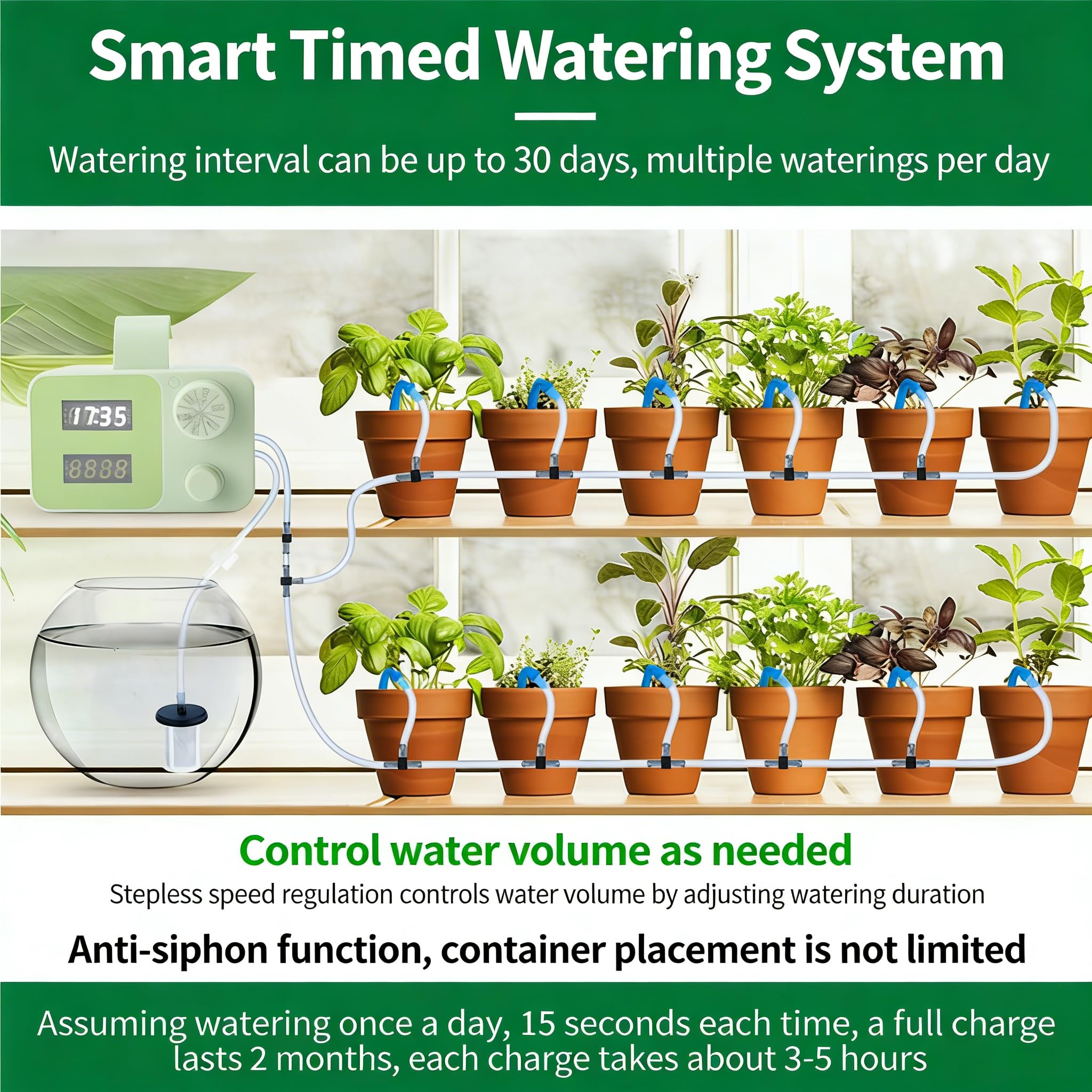 Soluzione di irrigazione automatica per fiori in vaso, 15 gocciolatori, durata regolabile fino a 300 secondi, schermo LCD, timer per piante