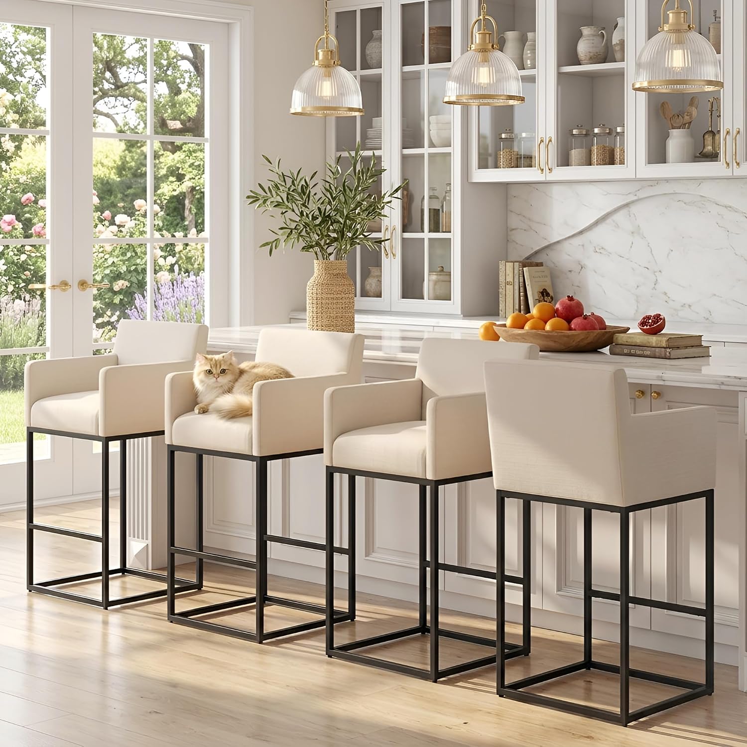 Modern Counter Height Bar Stools Set of 2, Linen Fabric Upholstered Bar Stools with Backs, 26 Inch Kitchen Island Stools with Black Metal Frame, Cream