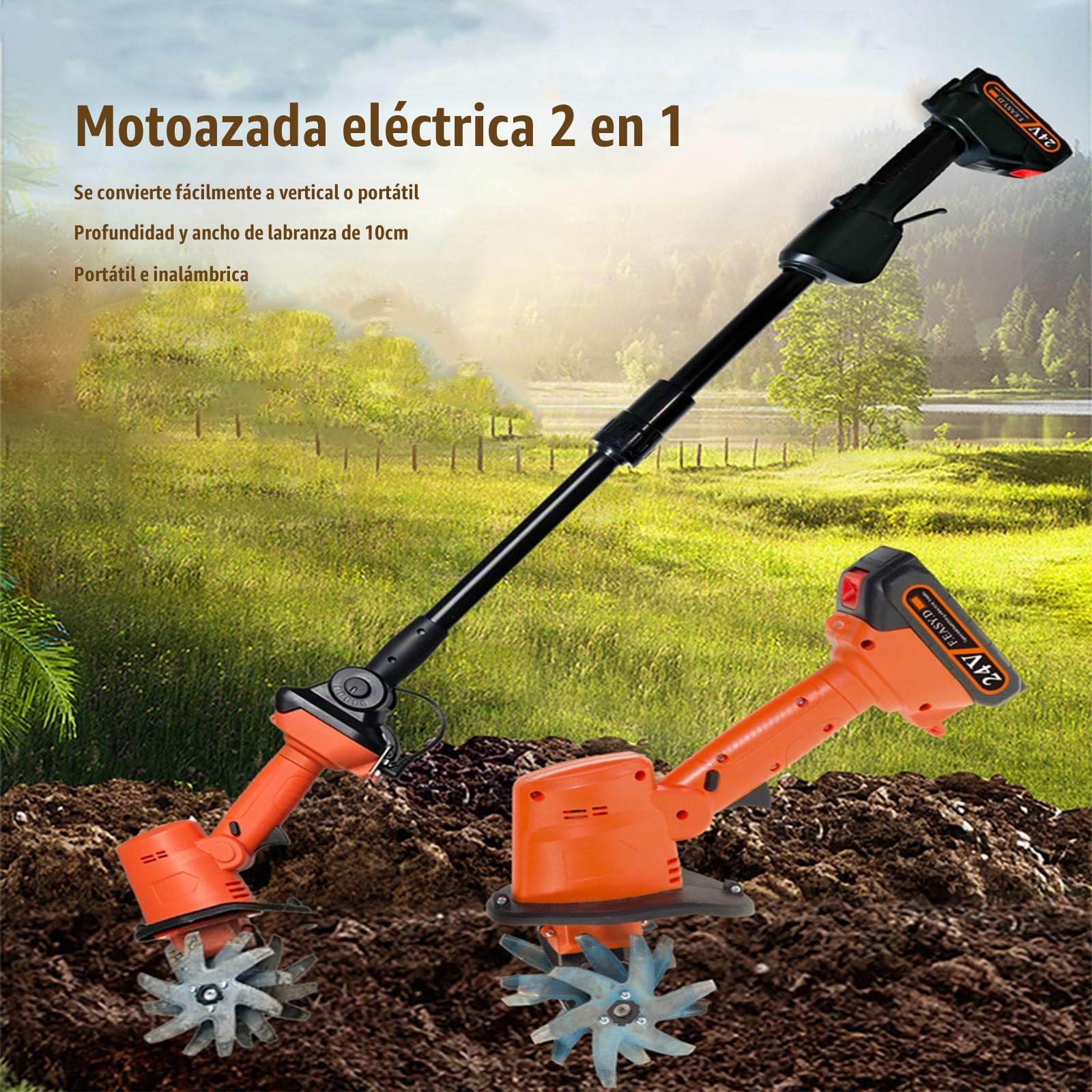 Motoazada Electrica, 21V Motocultor Electrico Sin Cable, 235RPM, 2 en 1 Portátil y Mango, Anchura/Profundidad de Trabajo 10 cm, Motoazada con Baterías y Cargadores para Huerto, Jardín, Cultura
