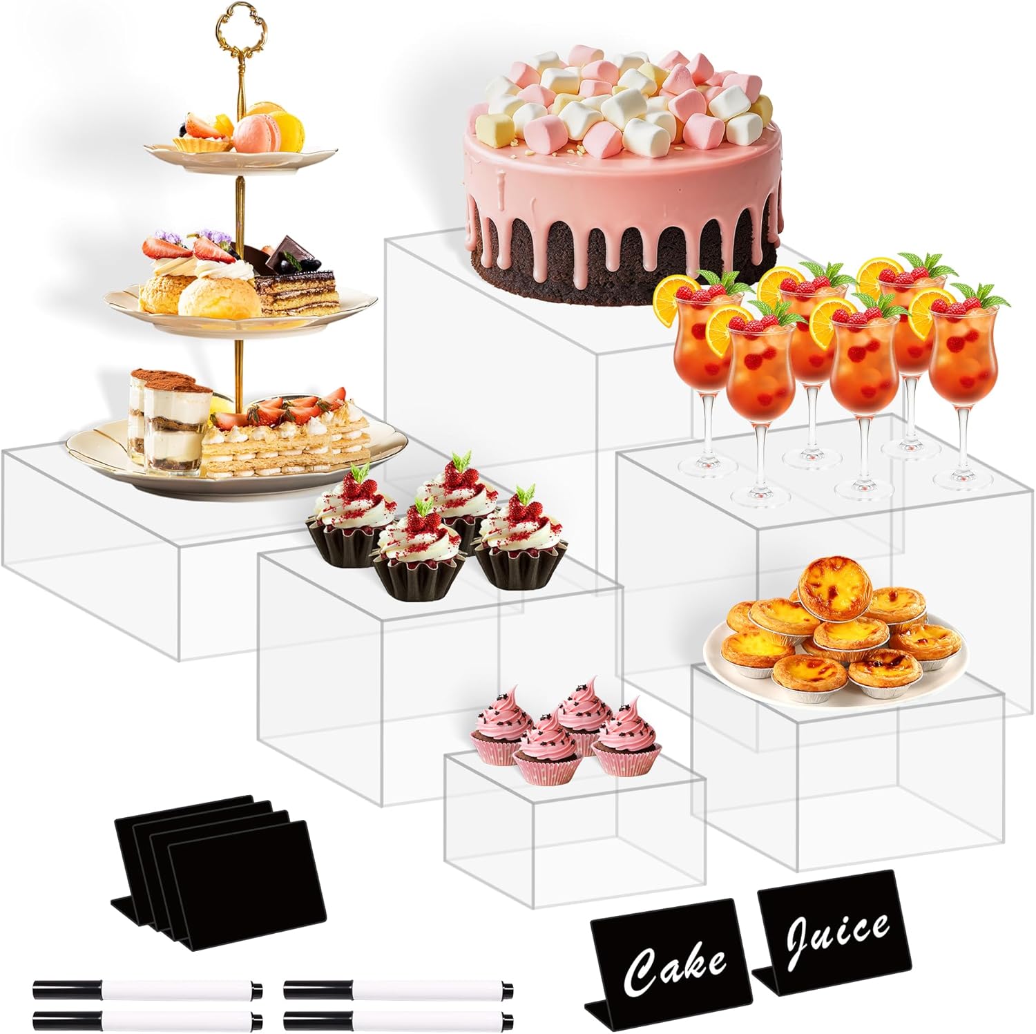frtzal 6PCS Food Risers for Buffet Table Display Stand for Catering Dessert Matte black Cube Boxes Nesting Risers with Hollow Bottoms (Transparent, S-5,6,6.8,7,7.5,8)
