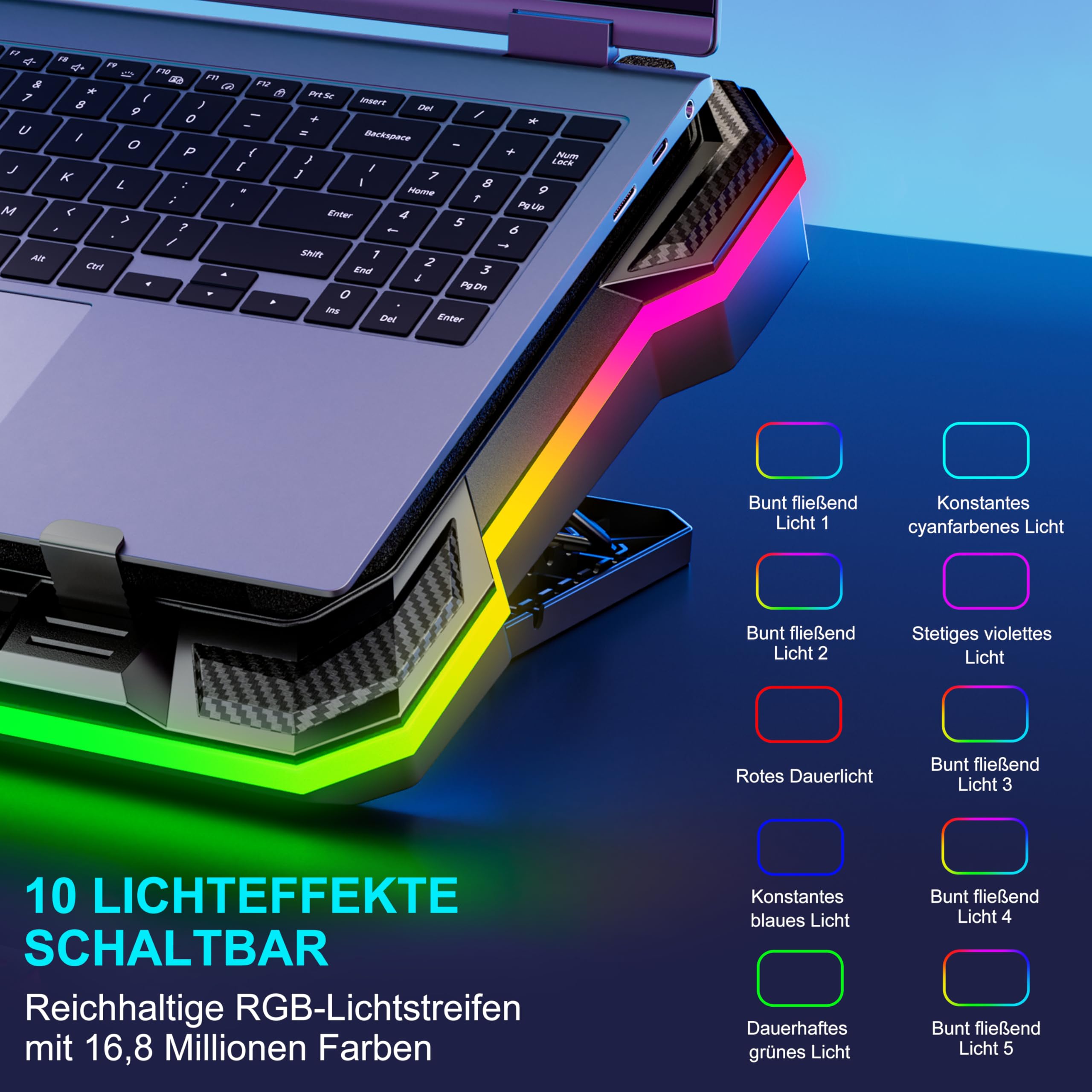 Laptop Kühlkissen Leistungsstarker Turbolüfter RGB Gaming Notebook Kühler MOOJAY Laptop Lüfter Kühlständer mit 8 Höhenverstellbar und Handyständer, für 14-19 Zoll Laptop - Eisblau LED Licht