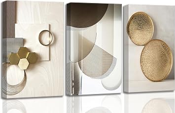 3 Pcs Abstract Gold Geometric Boho Canvas Wall Art Mid Century Modern Minimalist Aesthetic Luxury Metal Artwork Pictures Wall Decor Posters Prints for Living room Bedroom Office Home Decoration