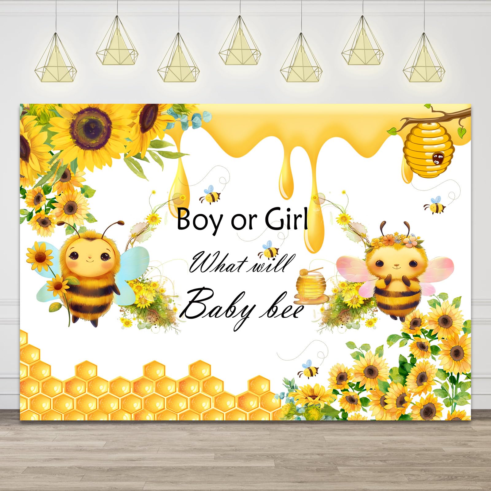 Cute Honey Bee Gender Reveal Backdrop 84x60 in, What Will Baby Bee Background, Bumble Boy or Girl Gender Reveal Party Decorations Supplies Cake Table Banner Photo Booth Props