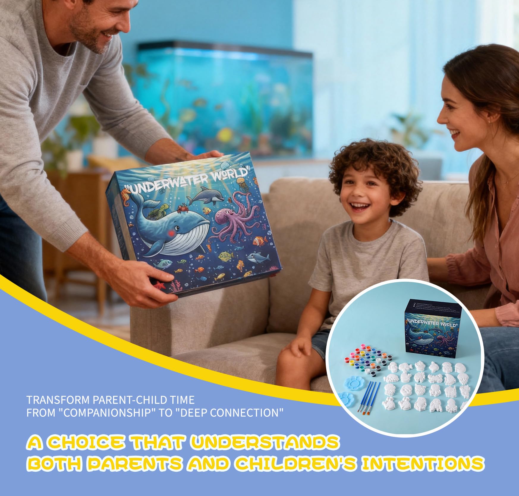GloomGlo Underwater World - Kit per pittura in gesso, confezione da 8 pezzi, set fai da te con 24 statuine di animali marini, tavolozza di pennelli lavabili, regalo creativo fatto a mano per bambini