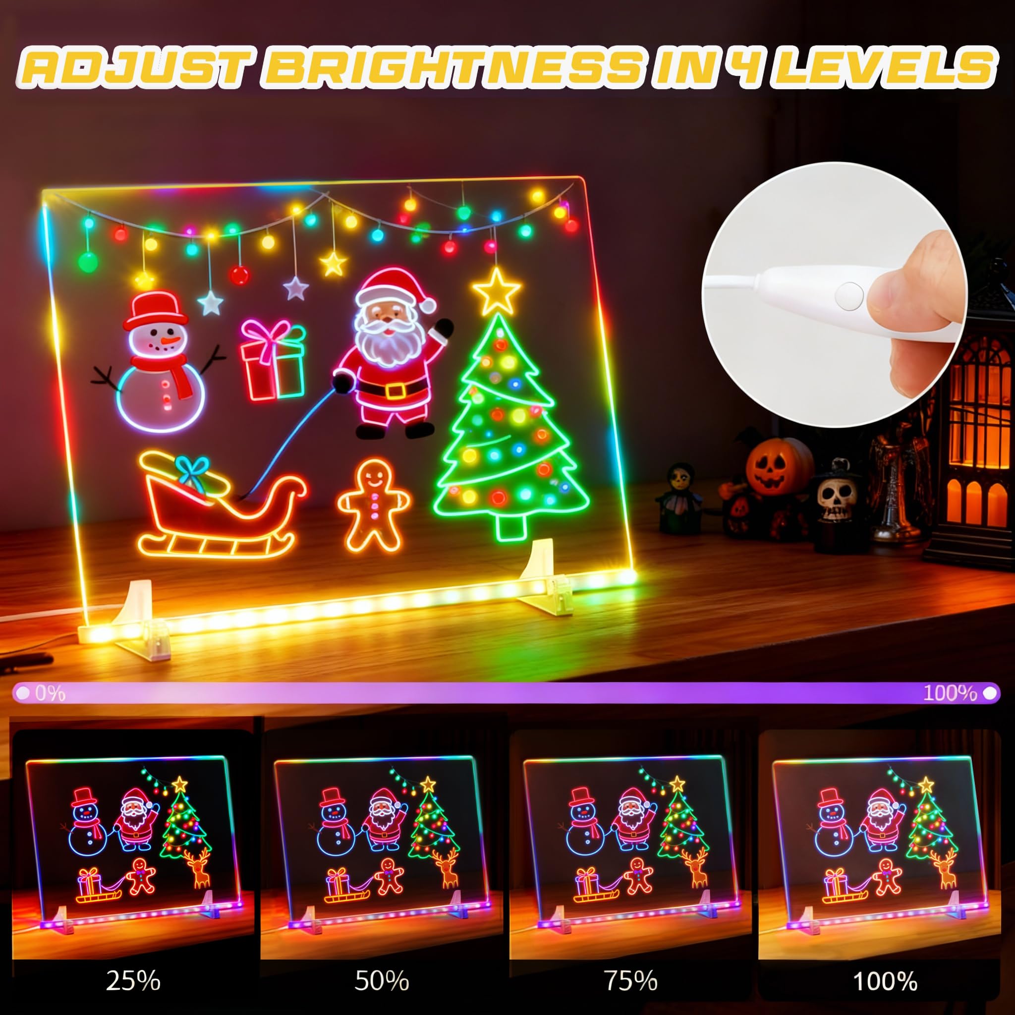 Tablero de notas LED con colores, tablero acrílico de borrado en seco incluye adaptador, cadena colgante, tablero de dibujo LED para niños con soporte, 7 marcadores, botella de spray 7