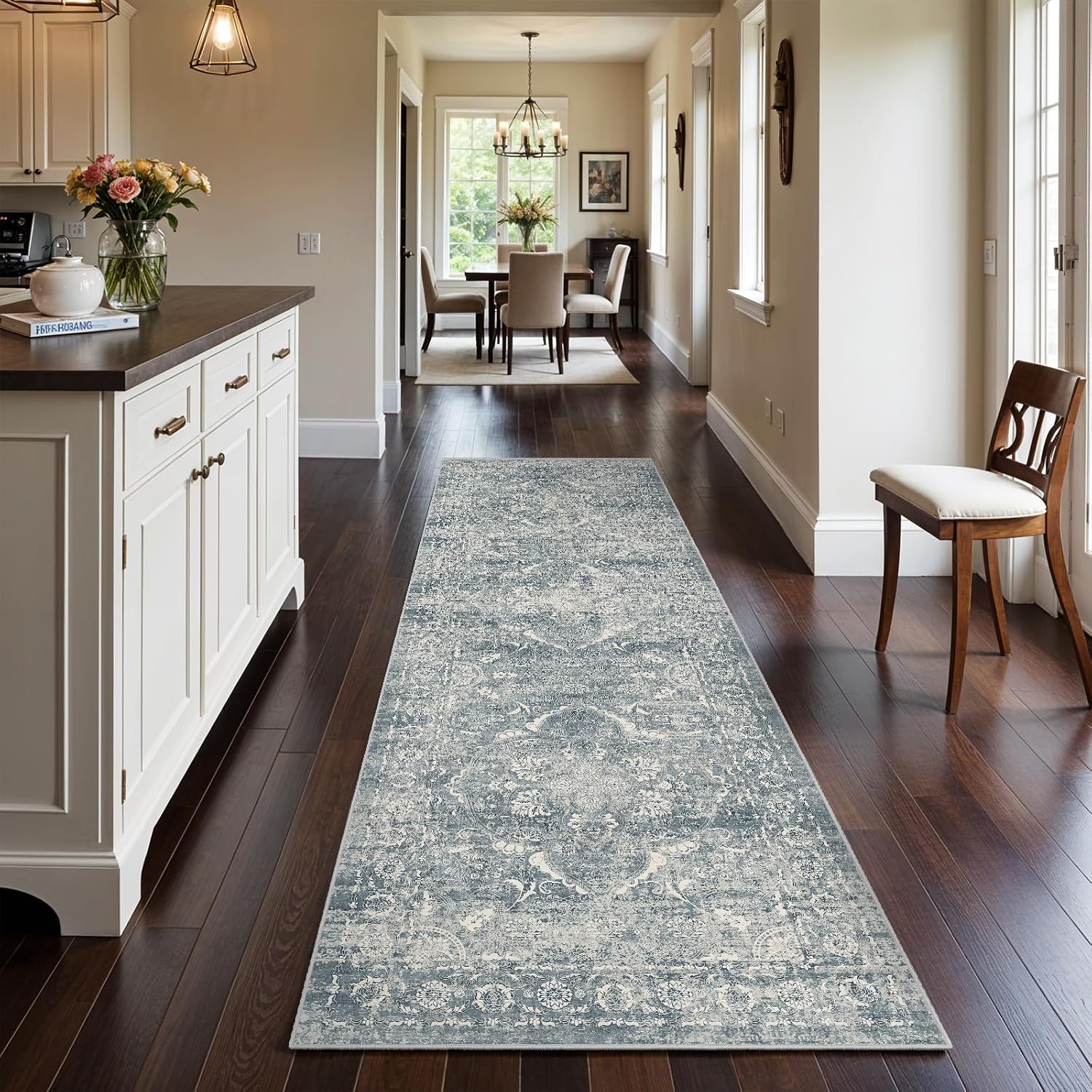 Hallway 3x10 Runner Rug - Vintage Non-Slip Long Rug for Entryway Low-Pile Washable Medallion Runner Rugs for Hallway Waterproof Traditional Runner Rug Indoor Thin Rug for Kitchen (Blue)