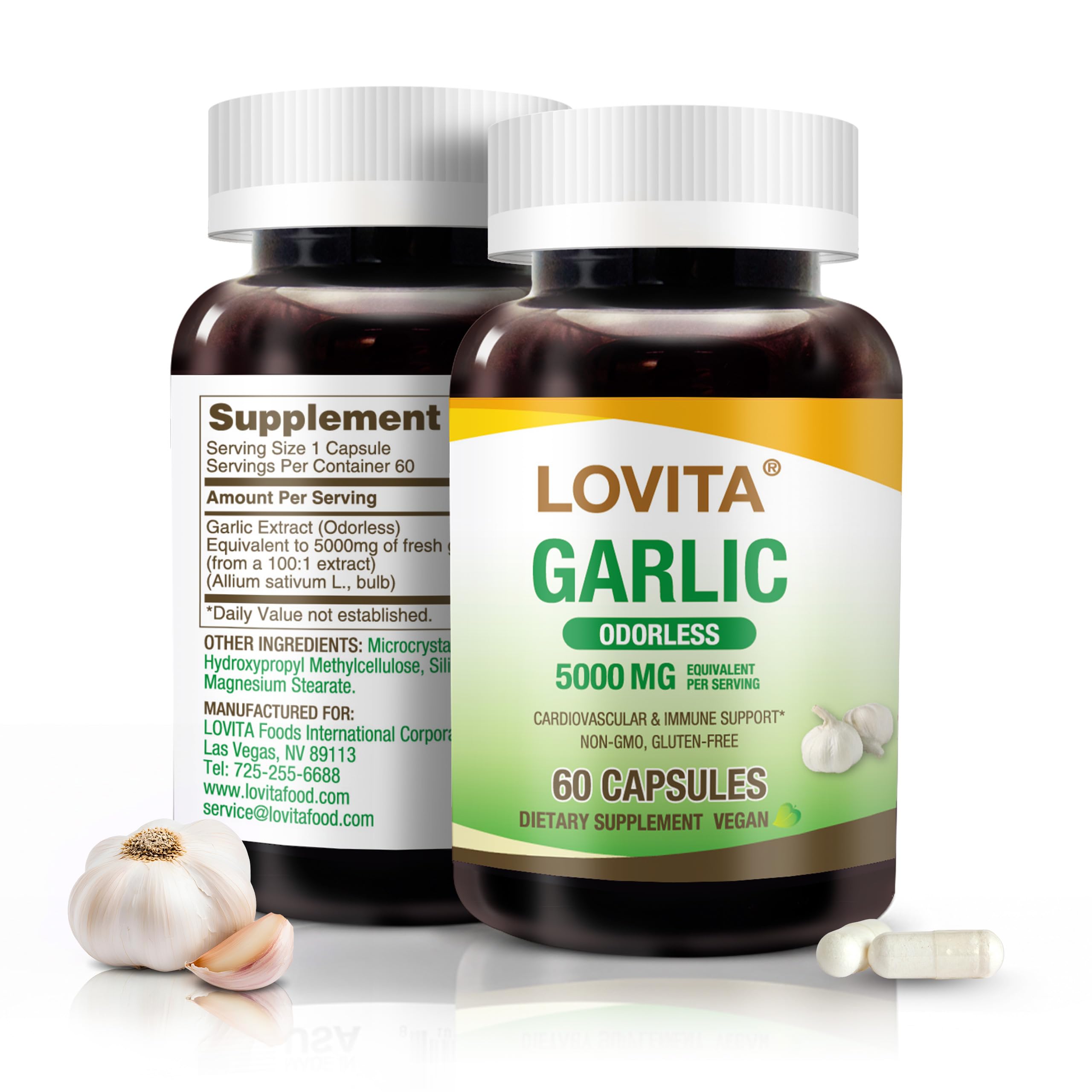 Odorless Garlic Capsules, 5000mg Fresh Garlic Equivalent, 1.25% Allicin Extract, Supports Heart, Blood Pressure, Cholesterol & Immune System, Non-GMO, Gluten-Free, 60 Vegan Capsules