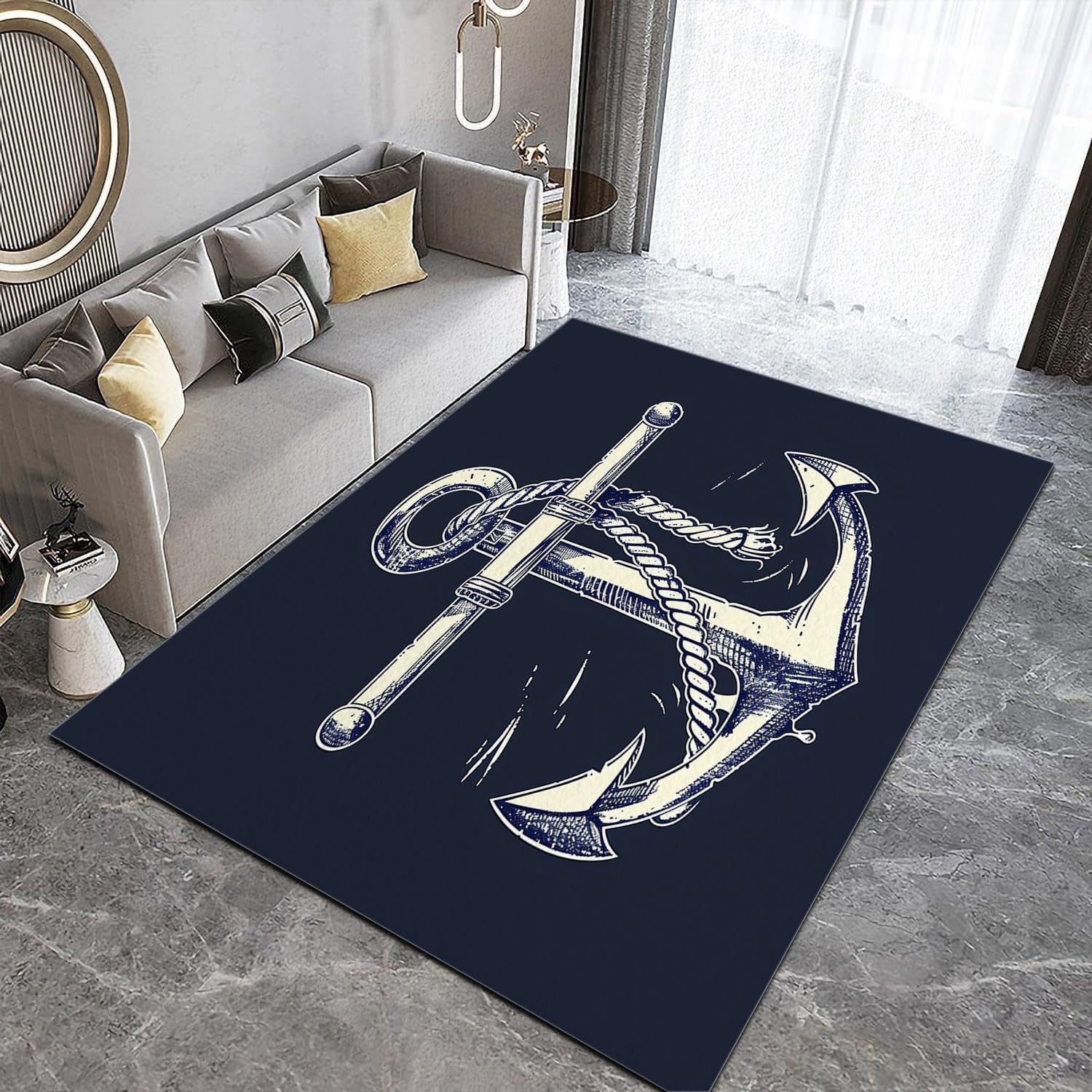3ft x 5ft Area Rugs for Living Room Bedroom, Machine Washable Rug with Low Pile Non-Slip Backing, Soft Stain Resistant Area Rug Nautical Anchor Indoor Floor Carpet for Dining Room Nursery Office