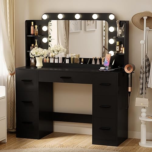 Vista 13 de Furmax Escritorio de tocador con espejo, luces LED y toma de corriente, mesa de tocador de maquillaje con 7 cajones y 6 estantes de almacenamiento