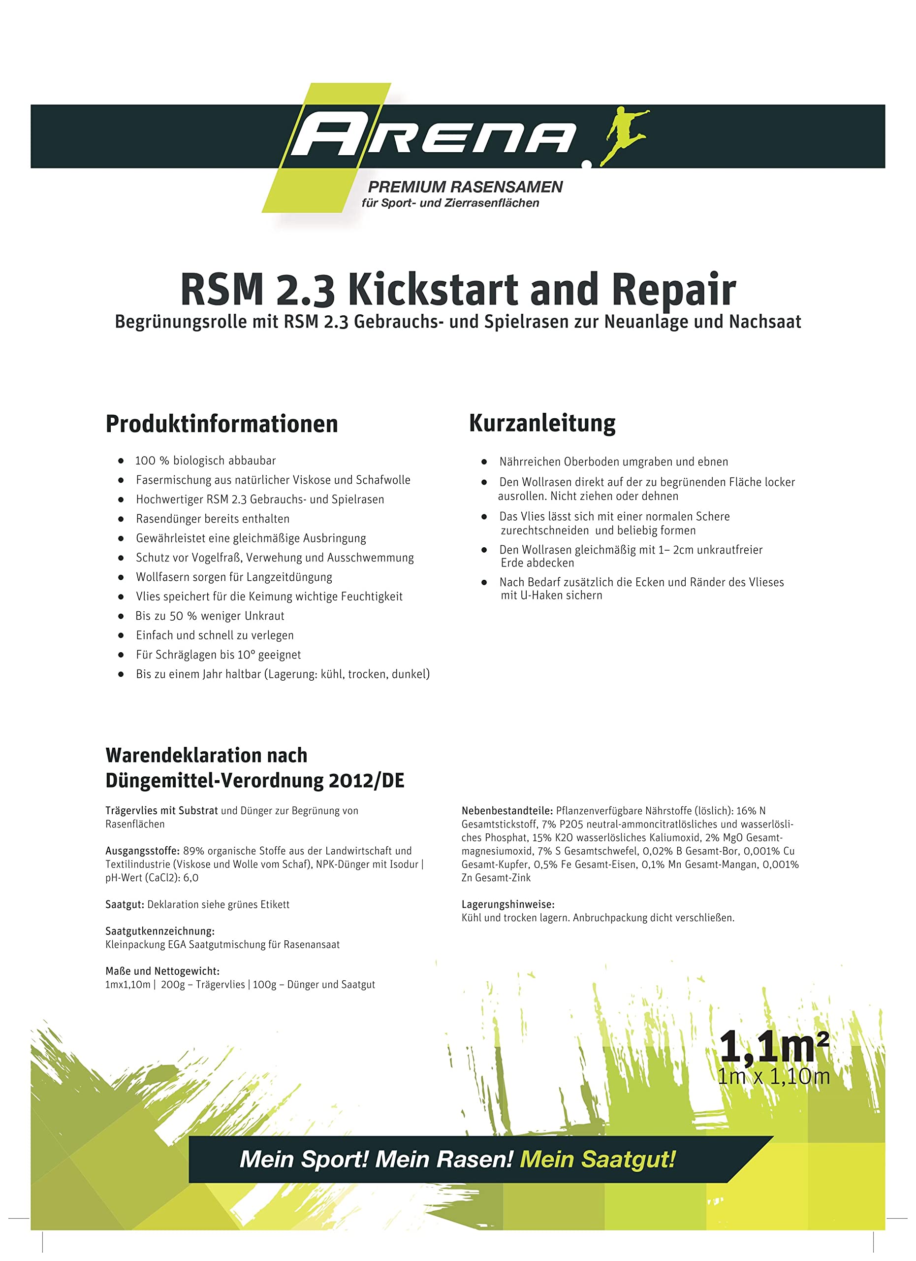 ARENA Rasenmatte 22m² mit Samen RSM 2.3 I Rasenvlies mit Rasensamen zur Nachsaat und Neuanlage I biologisch abbaubare Gras Saatmatte I Kickstart and Repair Saatgutmatte