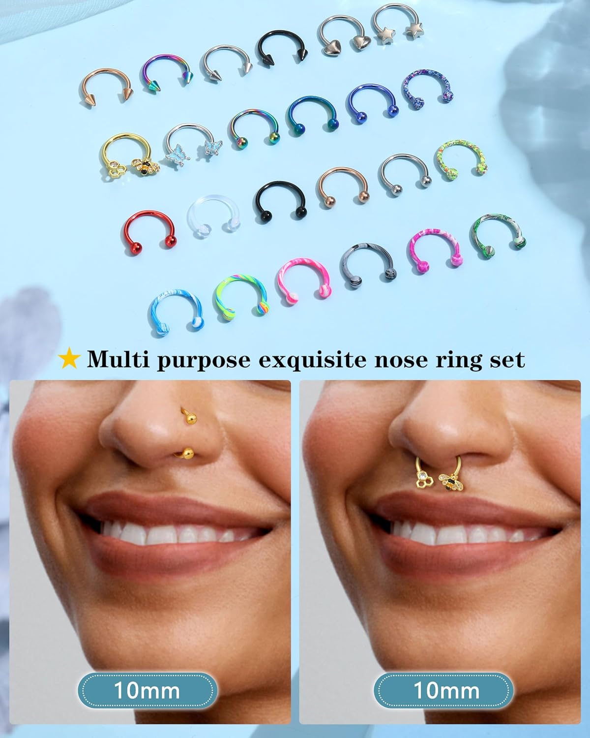 BESTEEL 24 PCS Septum Nose Rings for Women 16G - Hypoallergenic Horseshoe Lip Daith Piercing Jewelry Cute Small Stainless Surgical Steel Rook Conch Helix Tragus Daith Cartilage Earrings Hoops Set 10mm