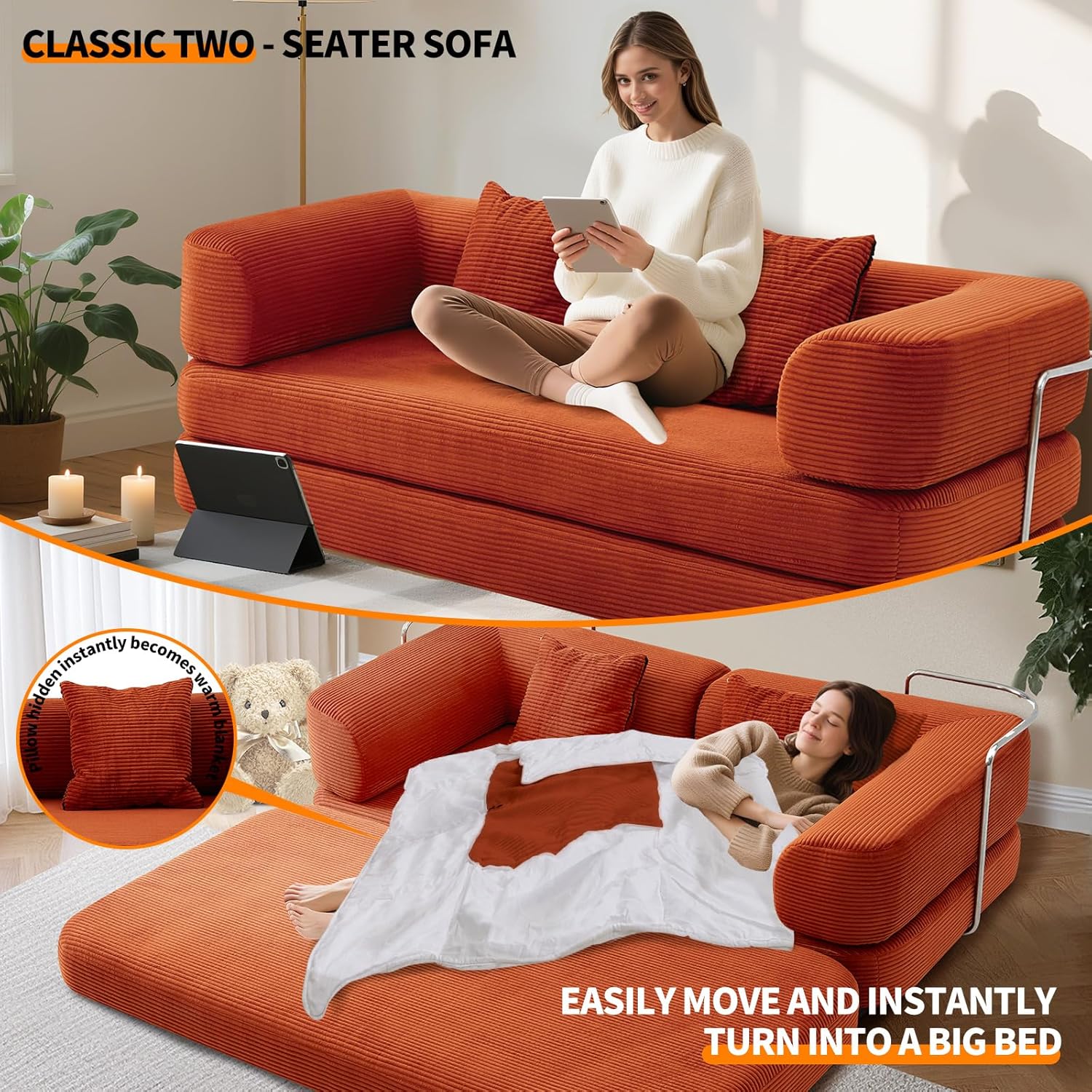 JustYes 76.4'' Boneless Couch Sofa Bed - Fixed-Shape Frame Sleeper Sofa with Pull-Out Bed, Modular Futon Loveseat for Living Room, Bedroom Lounge, Dorm & Office, Brown
