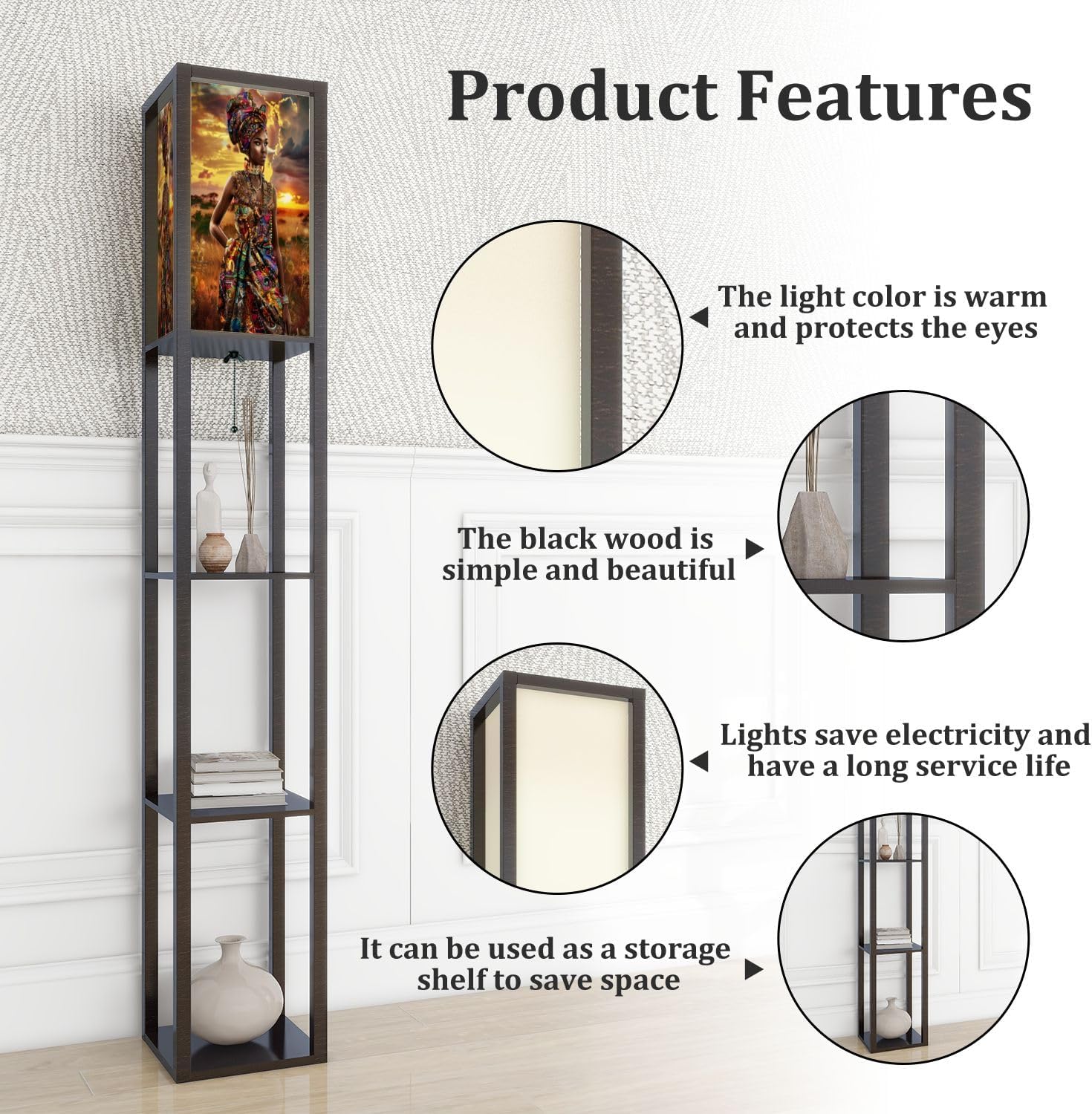 Standing Lamp with Shelves Tall Graceful African Lady Cultural Dress Sunset Scenery Modern Wood Corner Lamp for Bedroom Living Room Office Floor Lamp Mid Century Room Decor