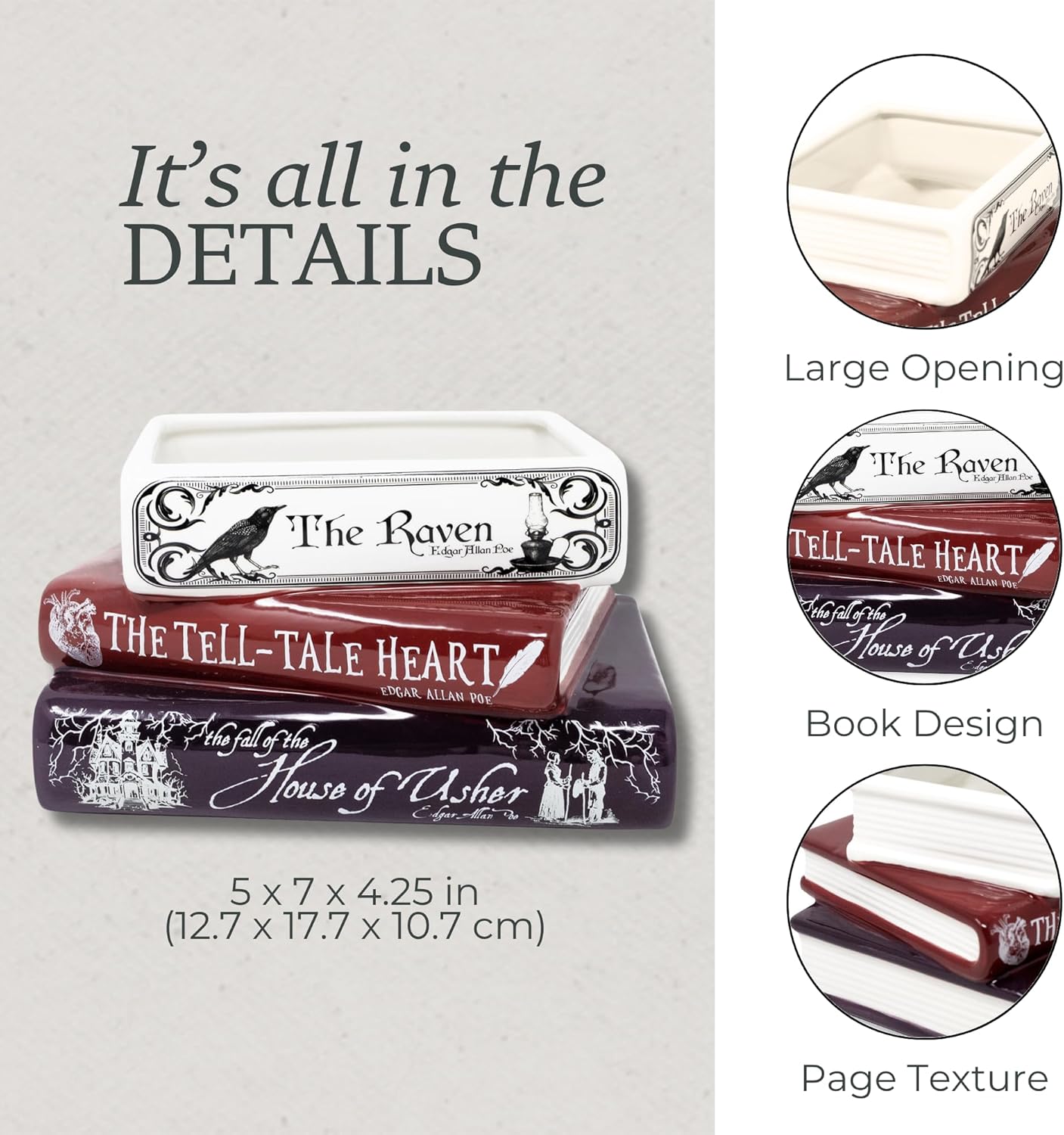 Steel Mill & Co Original Small Book-Shaped Decorative Planter, Ceramic Planter for Home Decor, Gothic Bookshelf Decor, Unique Planter for Book Lover (Edgar Allan Poe) - Image 7