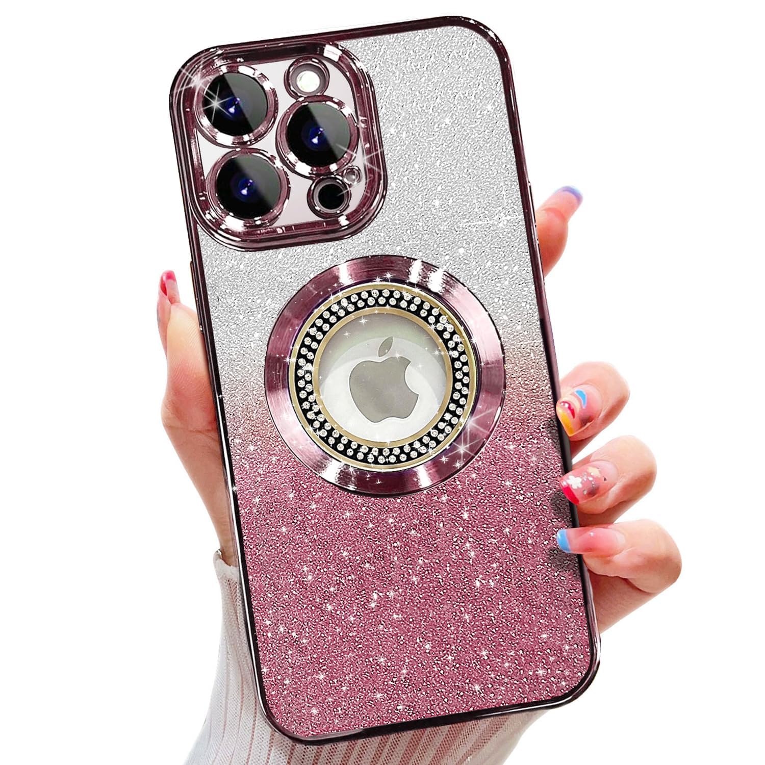Misscase for iPhone 16 Pro Magnetic Glitter Case,Cute Full Protection Slim Shockproof Anti-Scratch Bling Sparkly Case with Camera Lens Protector, Logo View Dust-Proof Net for Women Pink
