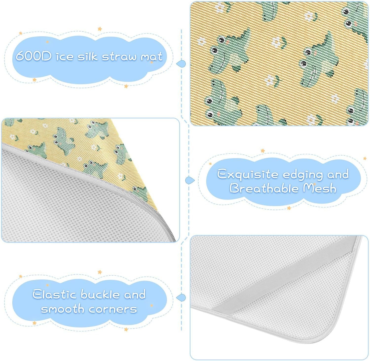 Baby Cooling Mat Cartoon Crocodile Ice Silk Breathable Mesh Summer Crib Mattress Pad with Pillowcase, Soft Cooling Sleeping Surface for Infant & Toddler, 52"x28"
