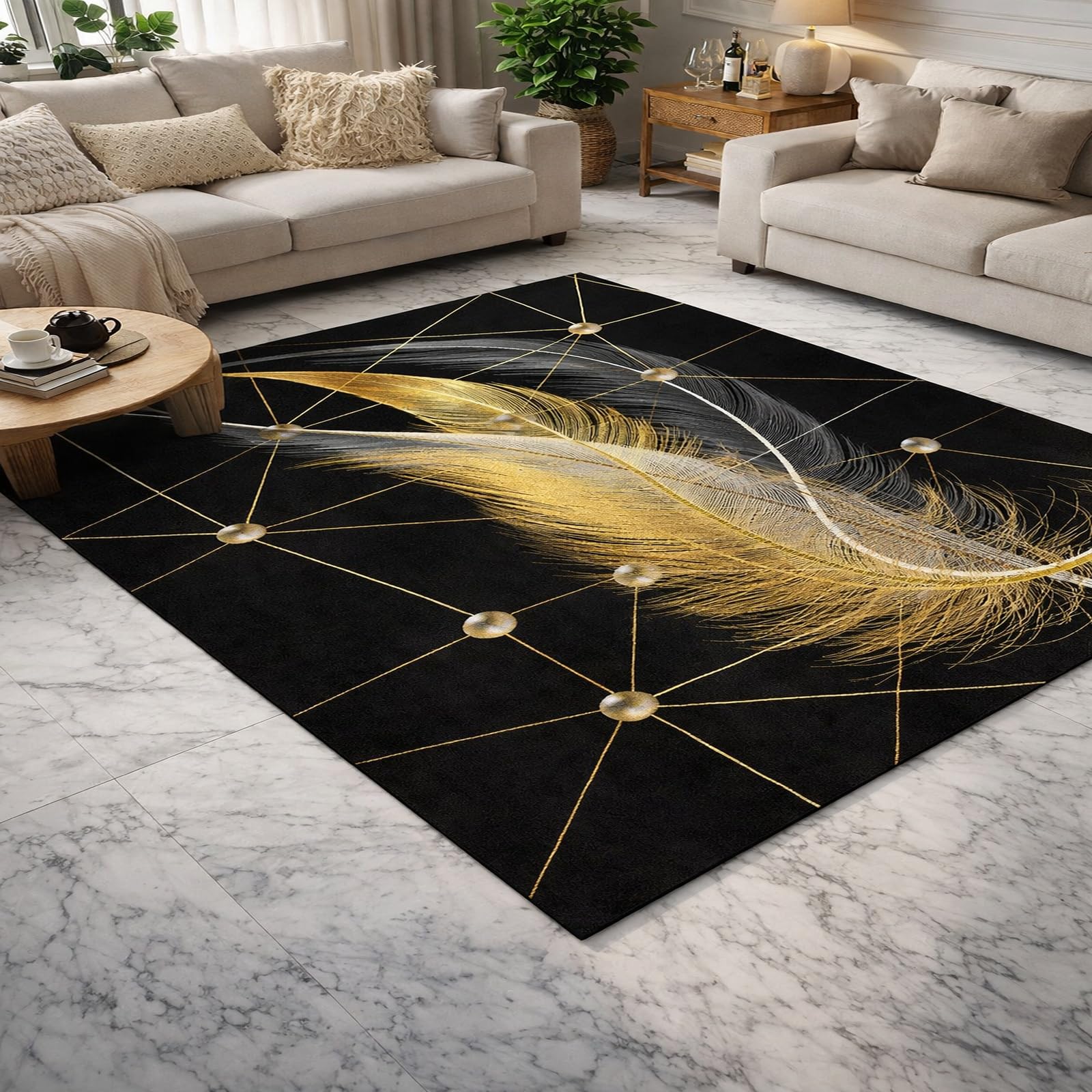Tapis de salon 120x180cm géométrique doré lavable et antidérapant pour chambre moderne