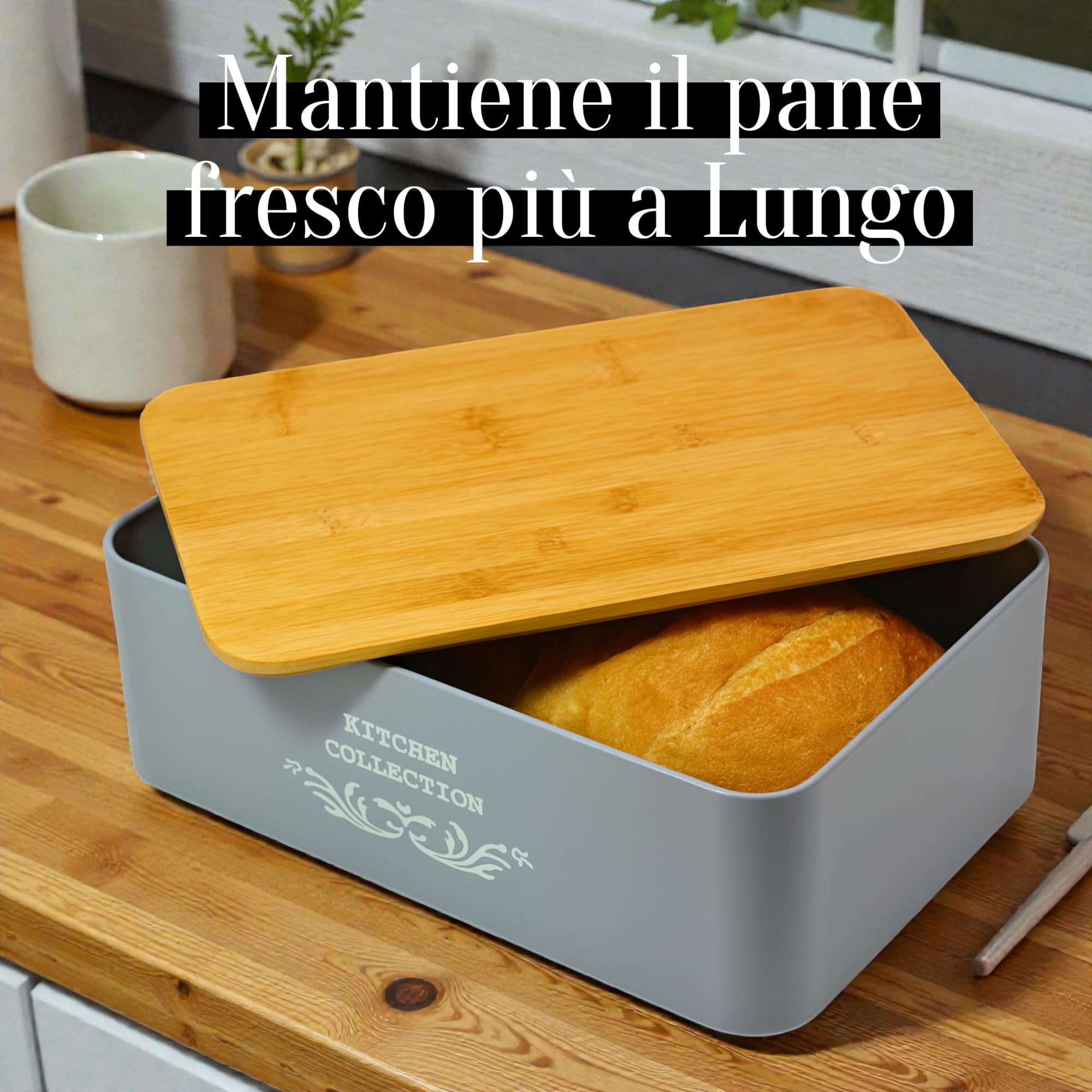 Portapane in Metallo con Coperchio in Bambù – Design Vintage – Contenitore Pane da Cucina 35x23x12,5 cm – Scatola Pane Elegante e Salvaspazio