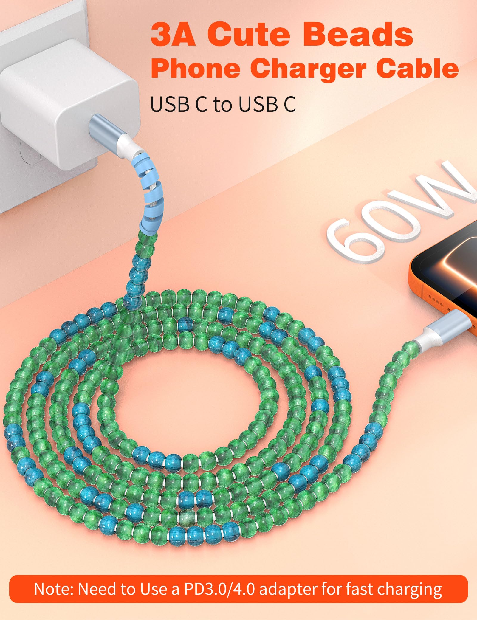 Cable USB C a USB C de 6.6 pies, 60 W, cable de carga rápida para teléfono y cargador de coche para iPhone 17, 16 Pro Max, Air 15/iPad Pro 10th A16, Samsung S25, S24, S23 Ultra, S22 Pixel, Android