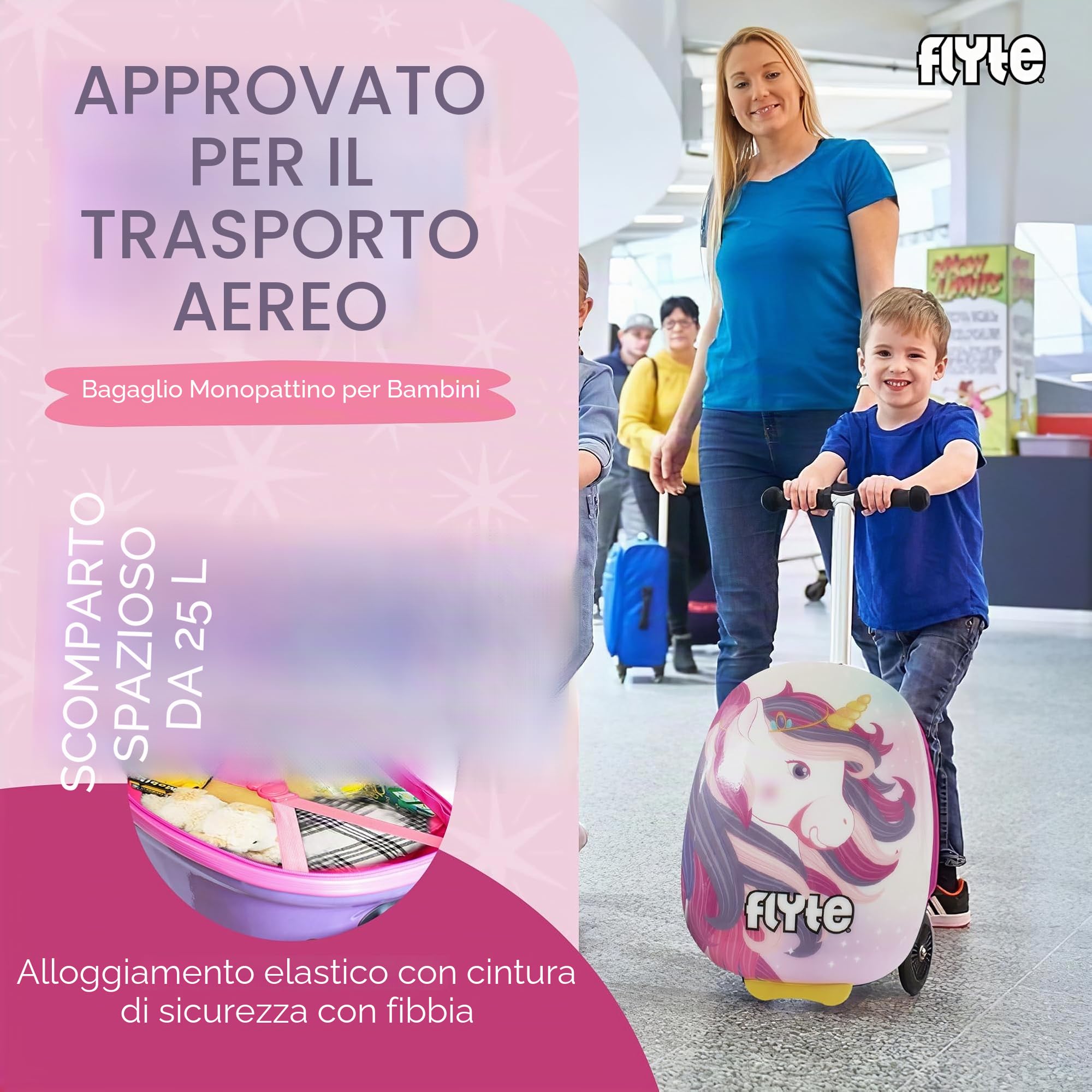 Flyte, valigia pieghevole monopattino per bambini, rigida, con ruote, 2 in 1, 18 pollici (45,7 cm), capacità 25 litri, Luna l'Unicorno