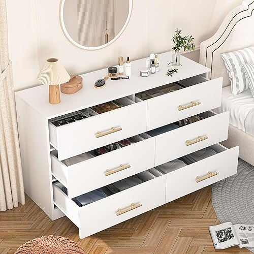 Miniatura 6 de Cómoda blanca de 6 cajones para dormitorio, cómoda, moderna cómoda de madera con asas doradas, mesa auxiliar para armario, sala de estar, sala de