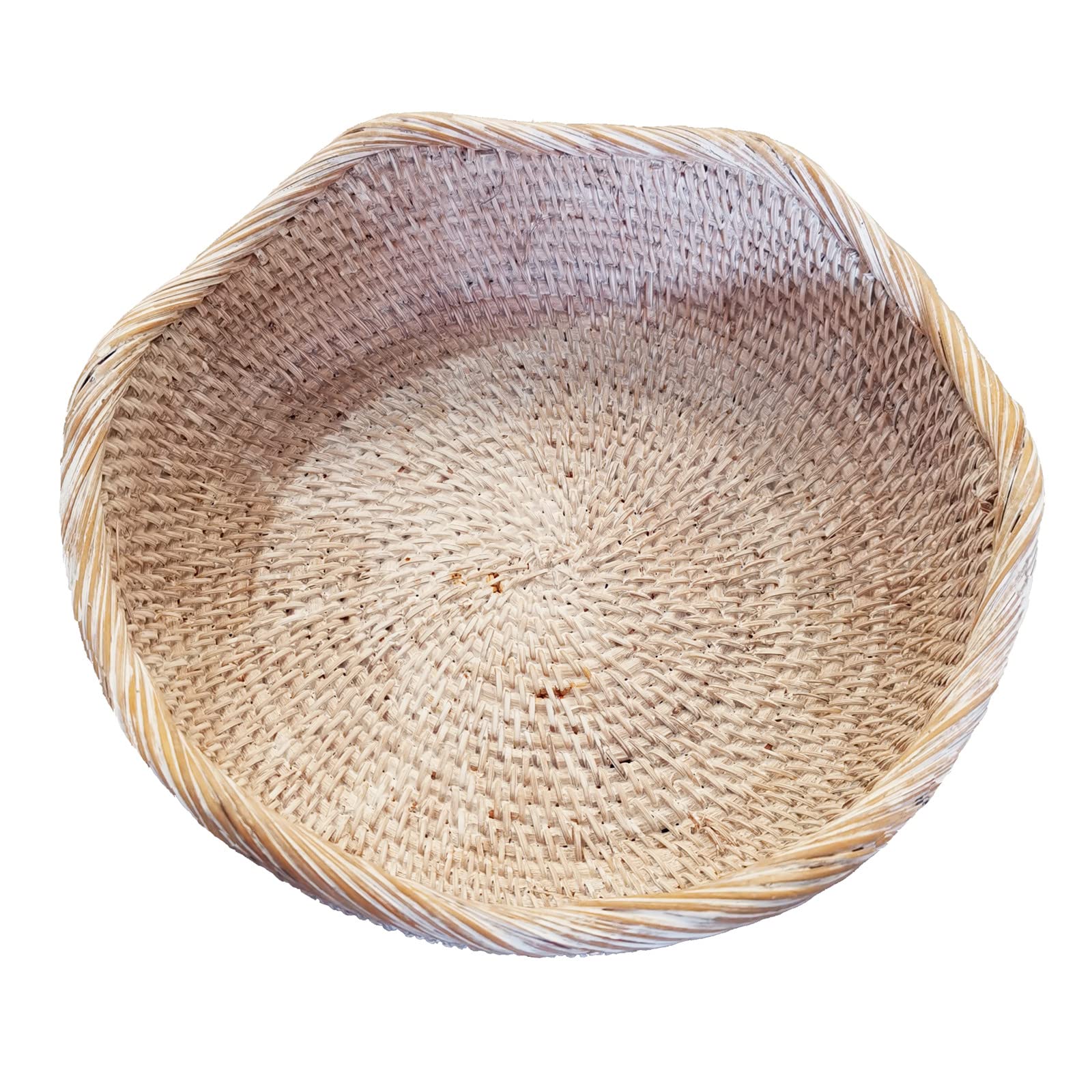 Handmade White Rattan Round Fruit Basket Food Storage Bowls Kitchen Organizer Snack Serving Bowl Wavy Edge Circle Tray Basket, Boho Home Décor Display Tray for Table, Dining Room,M