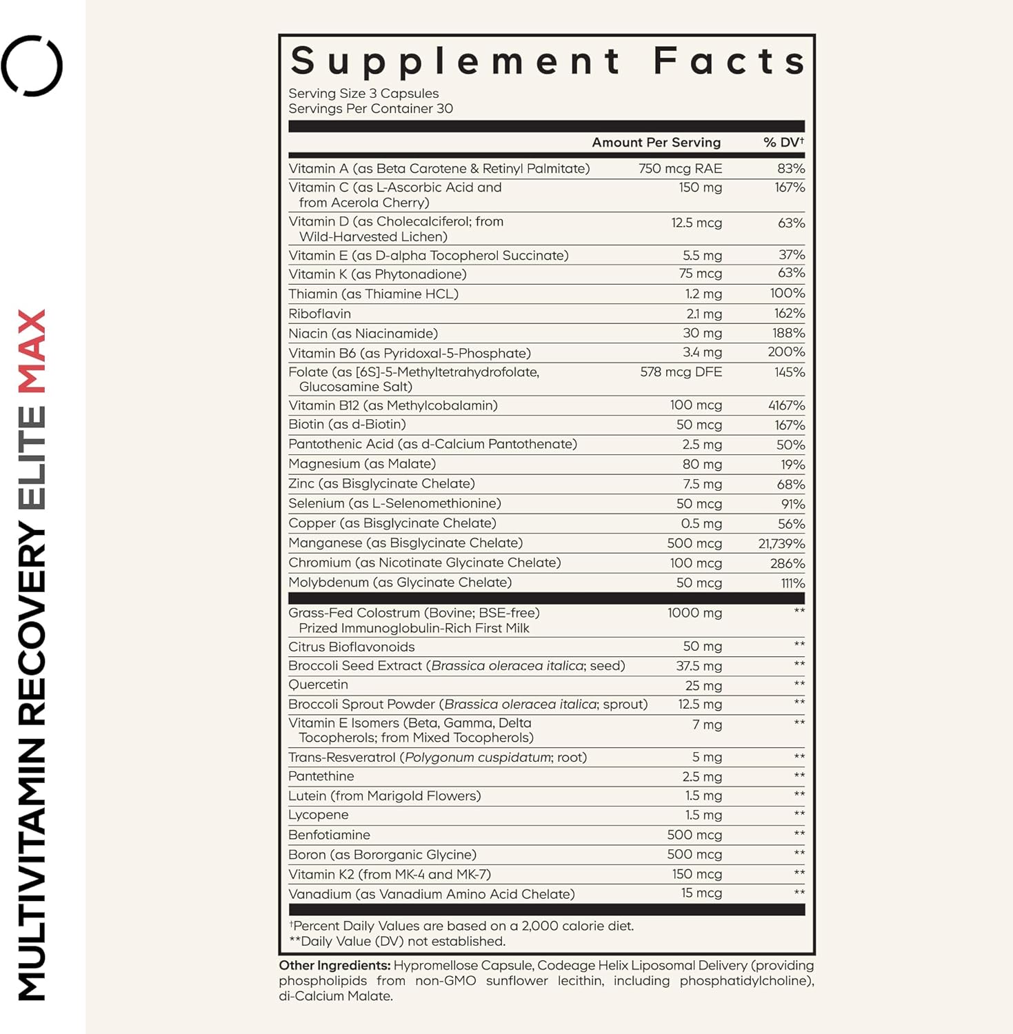 Codeage Multivitamin Recovery Elite Max Supplement - Vitamins A, C, D, E, B-Complex, Essential Minerals, Antioxidants, Colostrum, Phytonutrients, Pantethine, Non-GMO, Sport Multivitamins - 90 Capsules