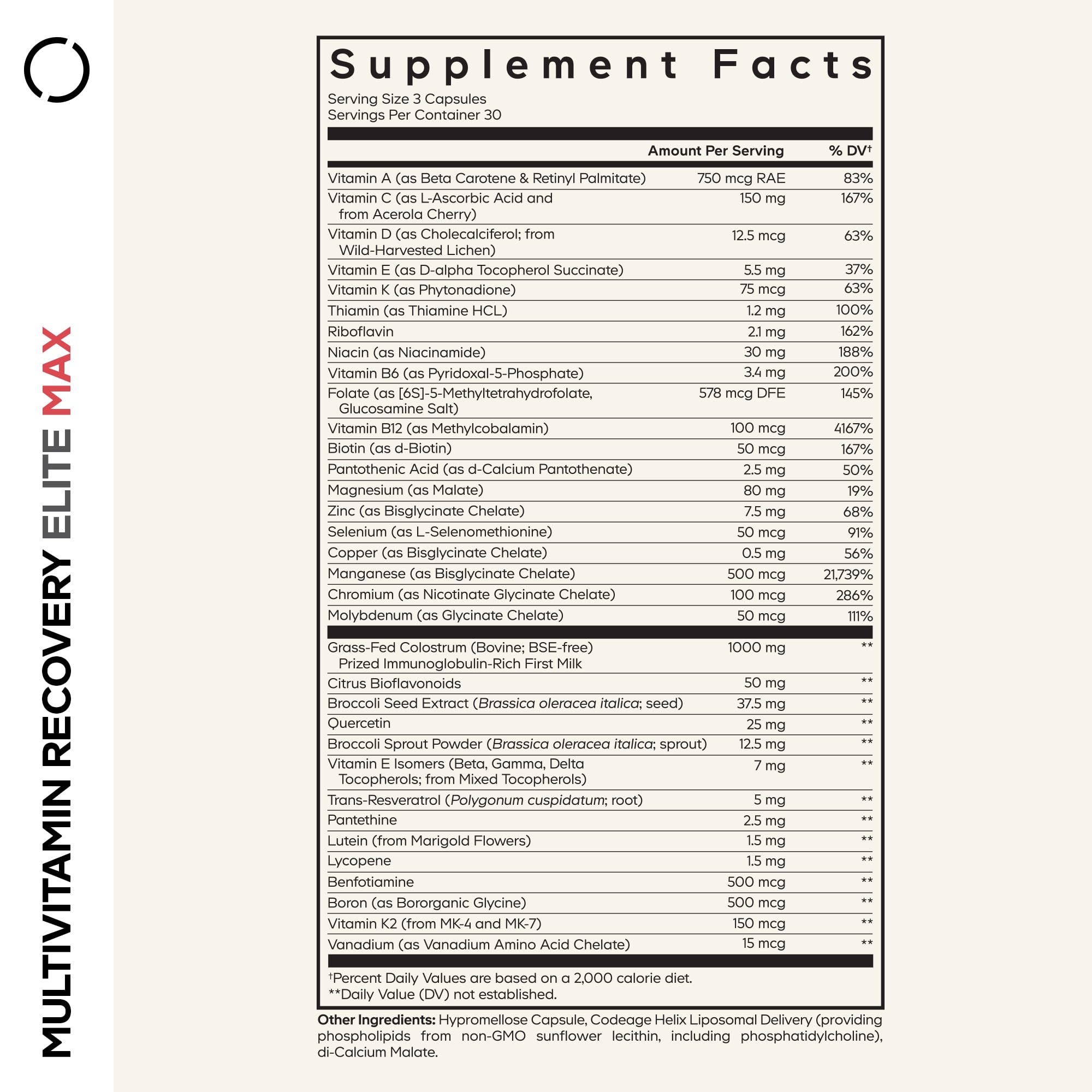 Codeage Multivitamin Recovery Elite Max Supplement - Vitamins A, C, D, E, B-Complex, Essential Minerals, Antioxidants, Colostrum, Phytonutrients, Pantethine, Non-GMO, Sport Multivitamins - 90 Capsules — Amazon image 2