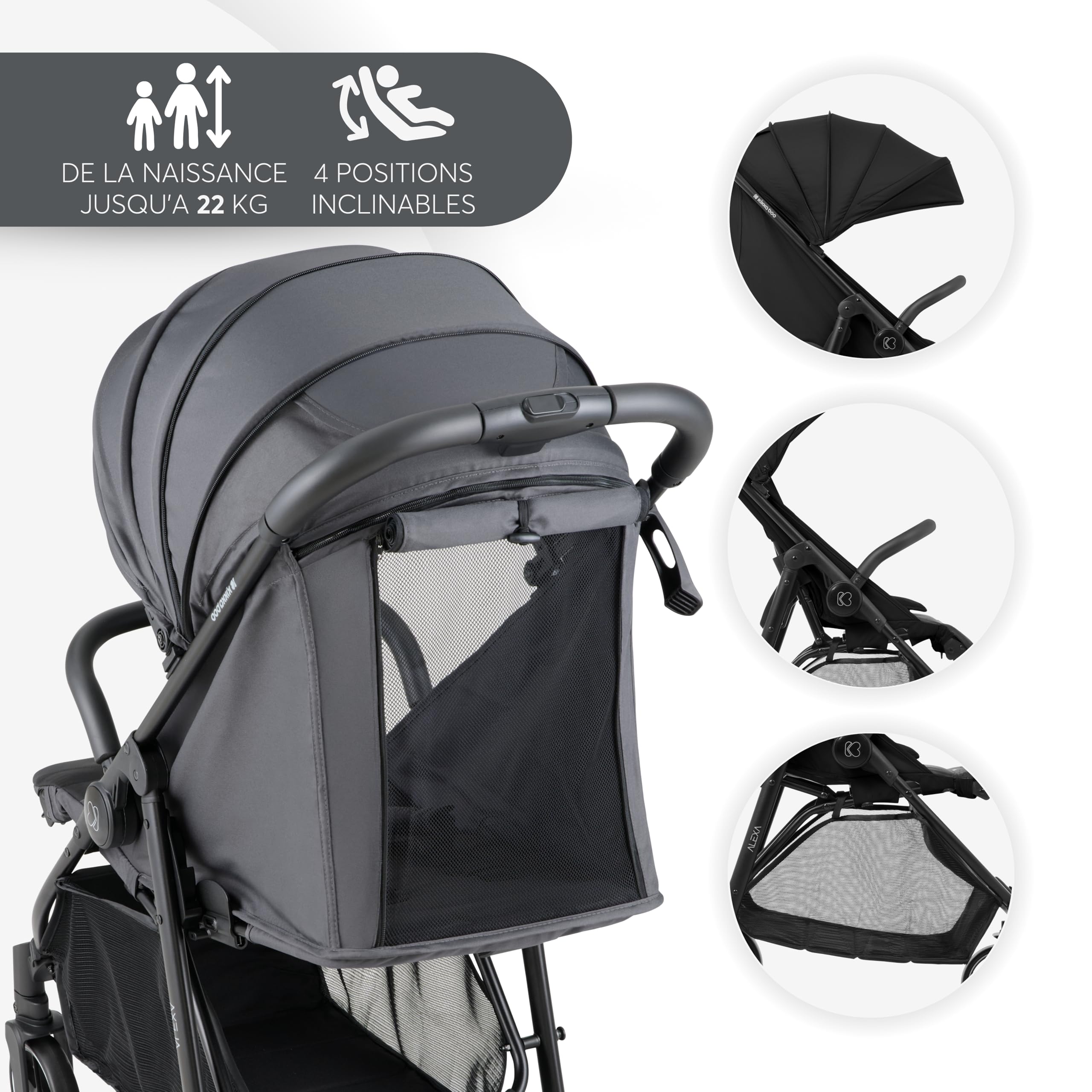 Poussette KikkaBoo ALEXA, poussette bébé jusqu'à 22 kg, légère, compacte, pliable d'une seule main, dossier inclinable, repose-pieds réglable, harnais à 5 points, Noir