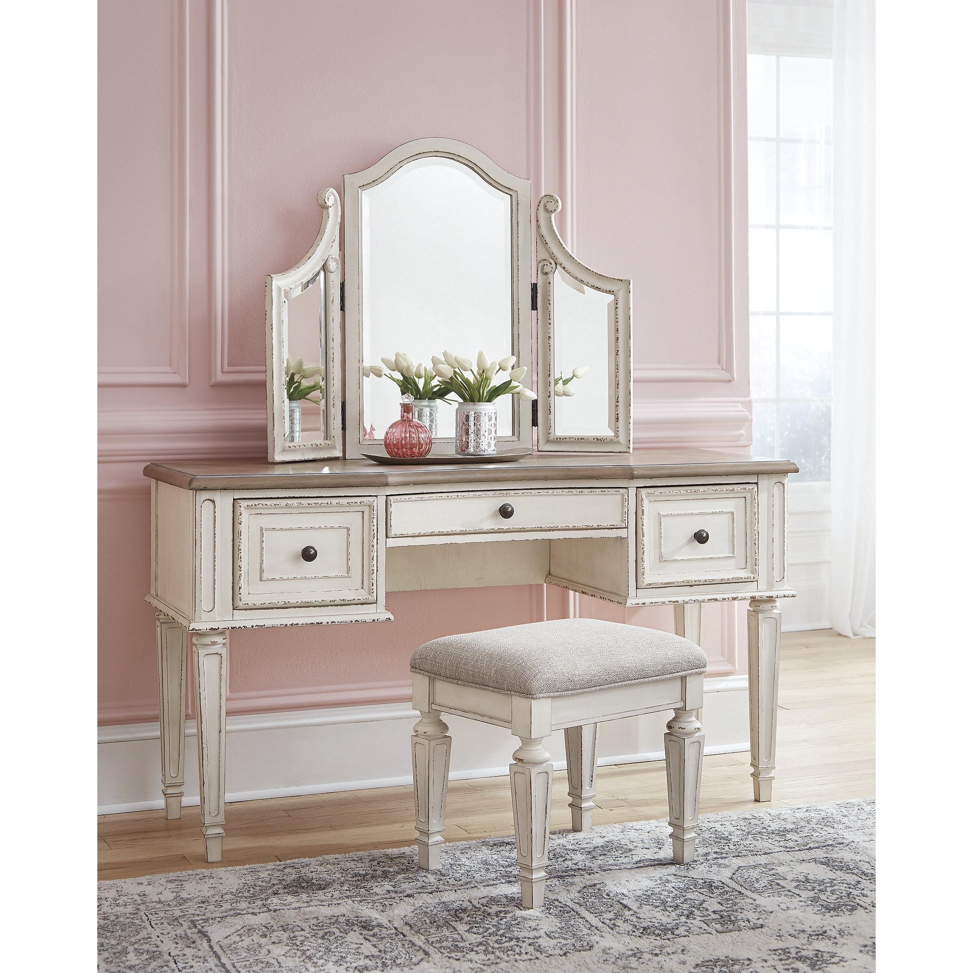 Signature Design by Ashley Realyn Traditional Cottage 3 Drawer Vanity Set with Dovetail Construction, Mirror & Stool Included, Chipped White, Distressed Brown