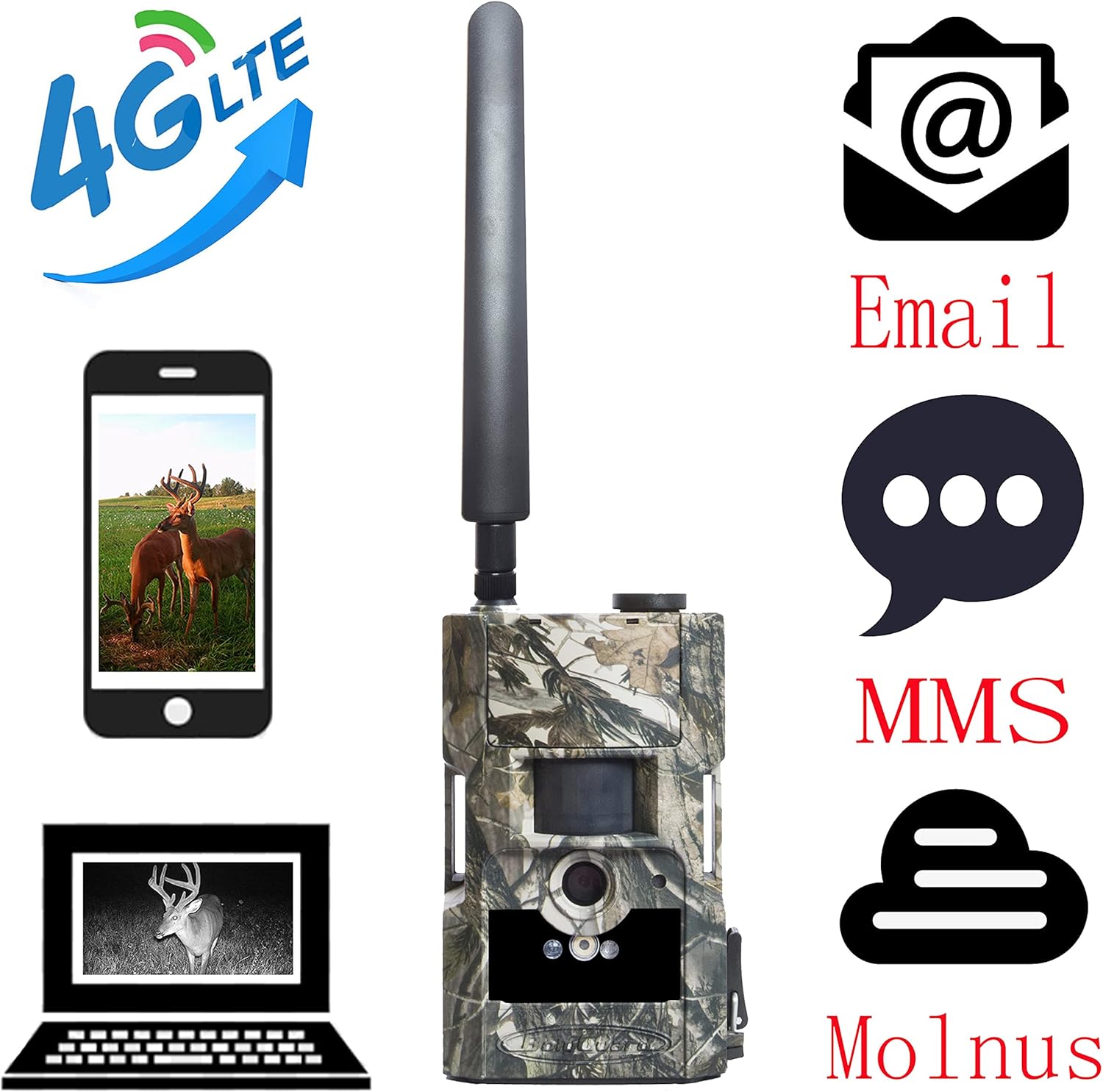 Diagram illustrating 4G LTE connectivity for the trail camera, showing images being sent to a mobile phone, laptop, email, MMS, and Molnus cloud service.