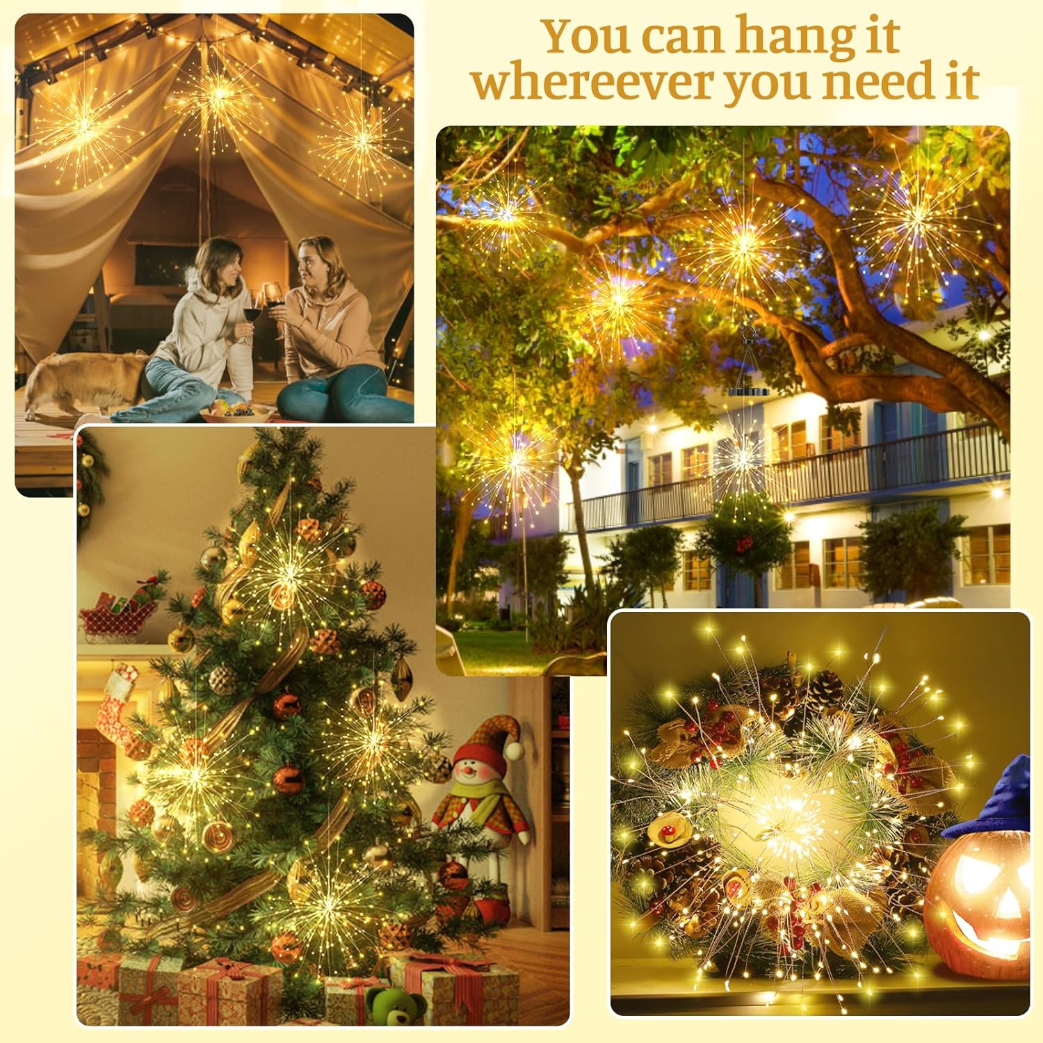 2 Pack Outdoor Solar Firework Lights, 240 LED Solar Powered Hanging Lights Outdoor Waterproof Hanging Fairy Garden Lights Landscape Lights(Warm White) - Image 2