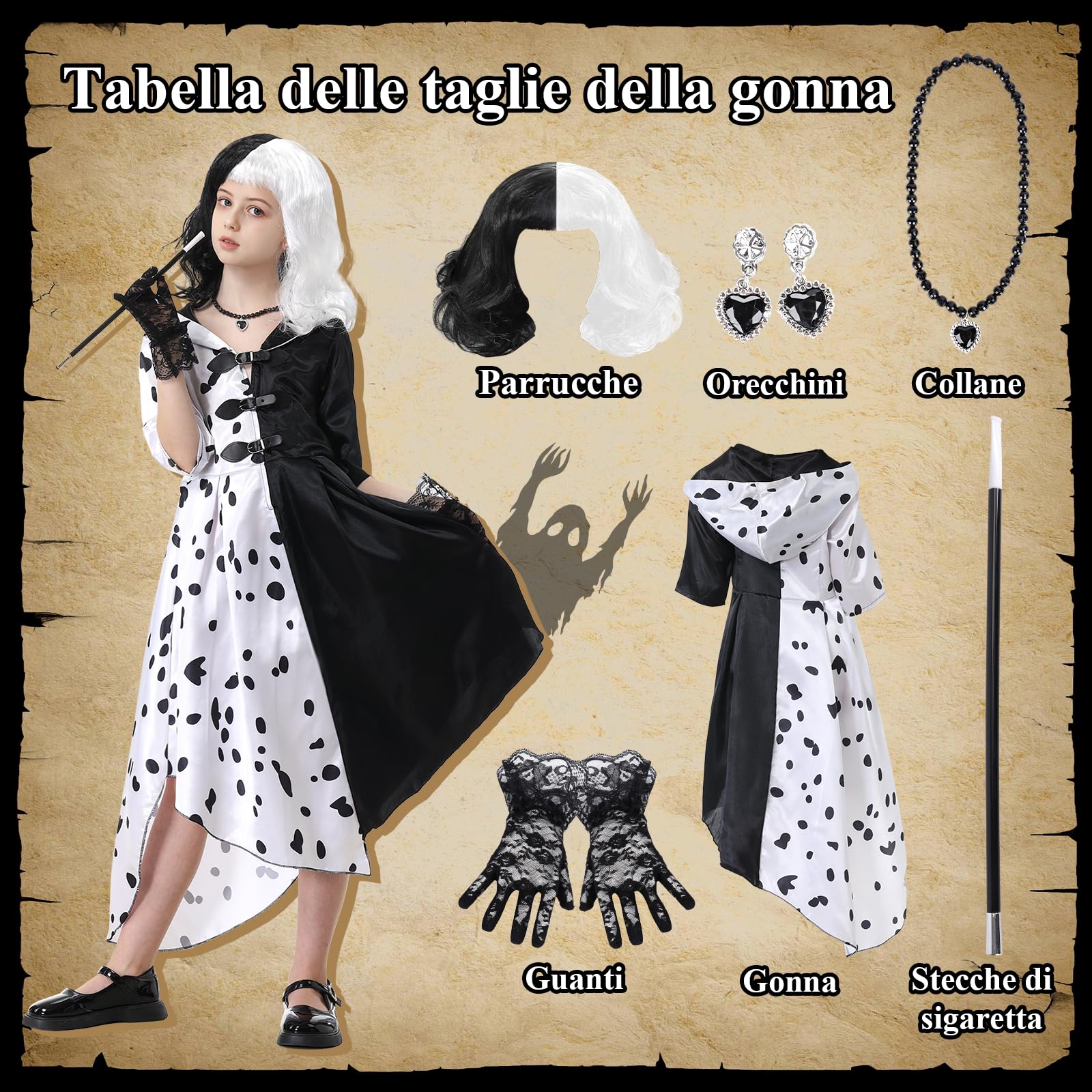 IEEILULU Cruella Costume Bambina, Vestito Crudelia Demon Donna, Costume da Crudelia Deville per Ragazze, Buono per il Ragazze Cosplay di Halloween - il Carnevale del Male