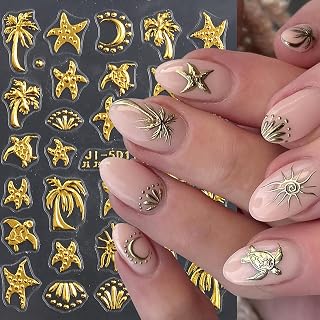 Gold Ocean Theme Nail Stickers Summer Nail Art Stickers 5D Embossed Self-Adhesive Starfish Palm Coconut Tree Turtle Sun Sea Nails Design Sticker Summer Ocean Nail Charms Supplies for Women 2PCS