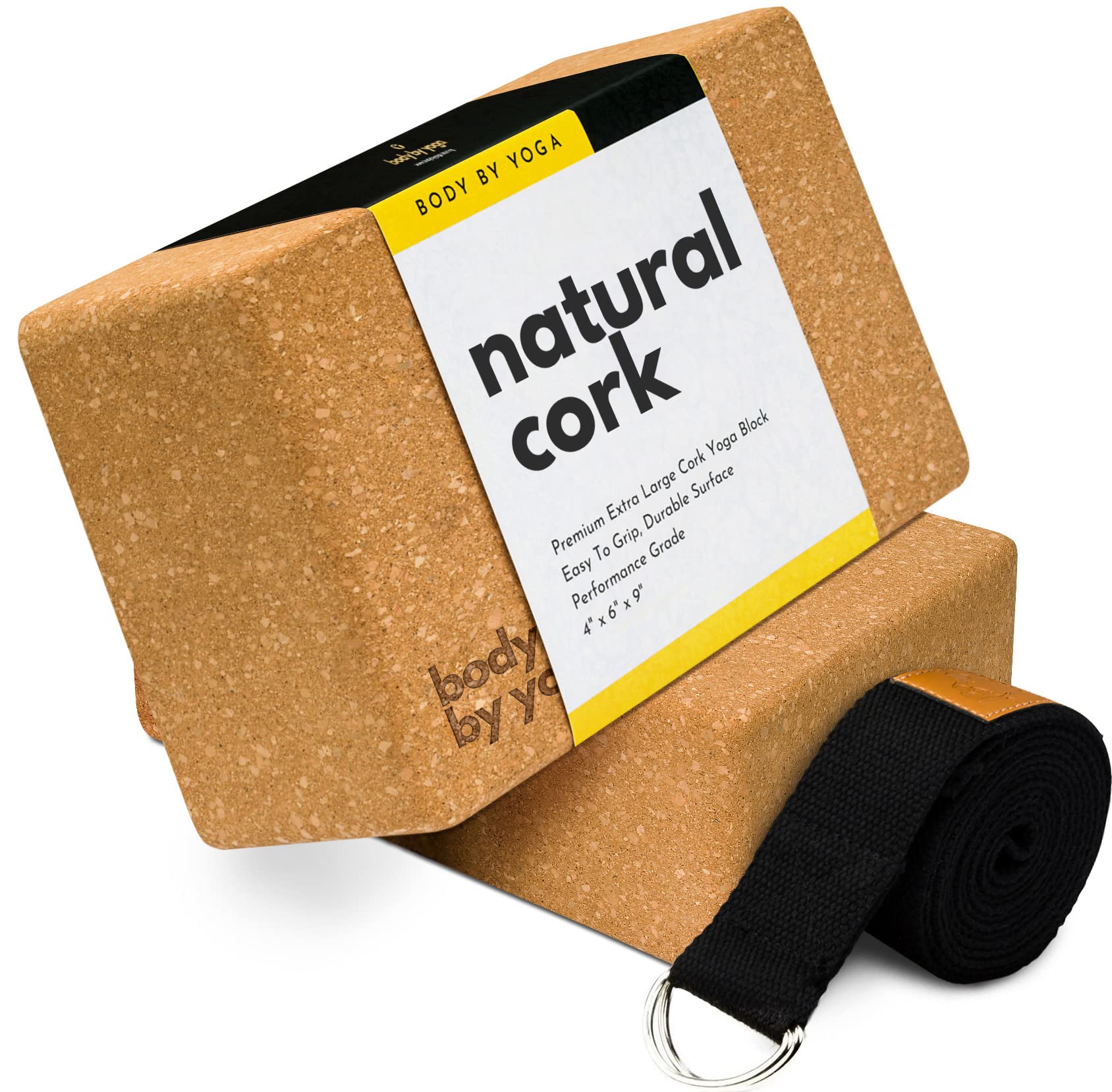 Luxury Cork Yoga Block Set - Extra Large Yoga Blocks with Performance Grade Portuguese Cork | High Density, Non-Slip Support for Safer Balancing | 2 Pack | 100% Cotton, Extra Long Yoga Strap Included