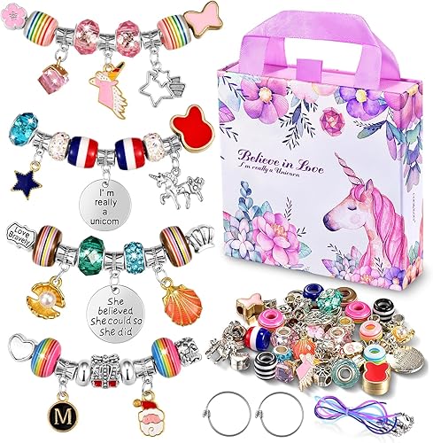 Kit de fabricación de pulseras con dijes para niñas juguetes para niñas, conjunto de suministros de joyería de unicornio, juego de manualidades de