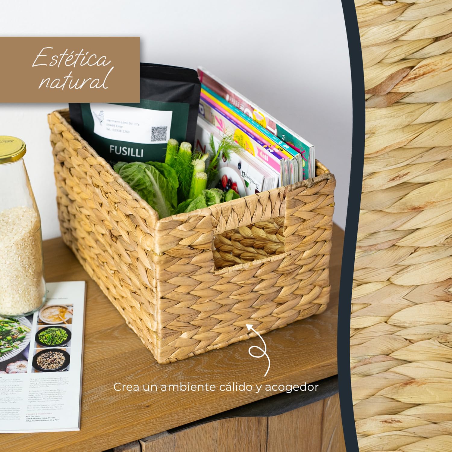 HMF Cesta de almacenaje trenzada organizadora de jacinto de agua, cesta decorativa con asas para baño, cocina, salón y estantería | Juego de 2 | Tamaño M | 32 x 23 x 20 cm | Natural