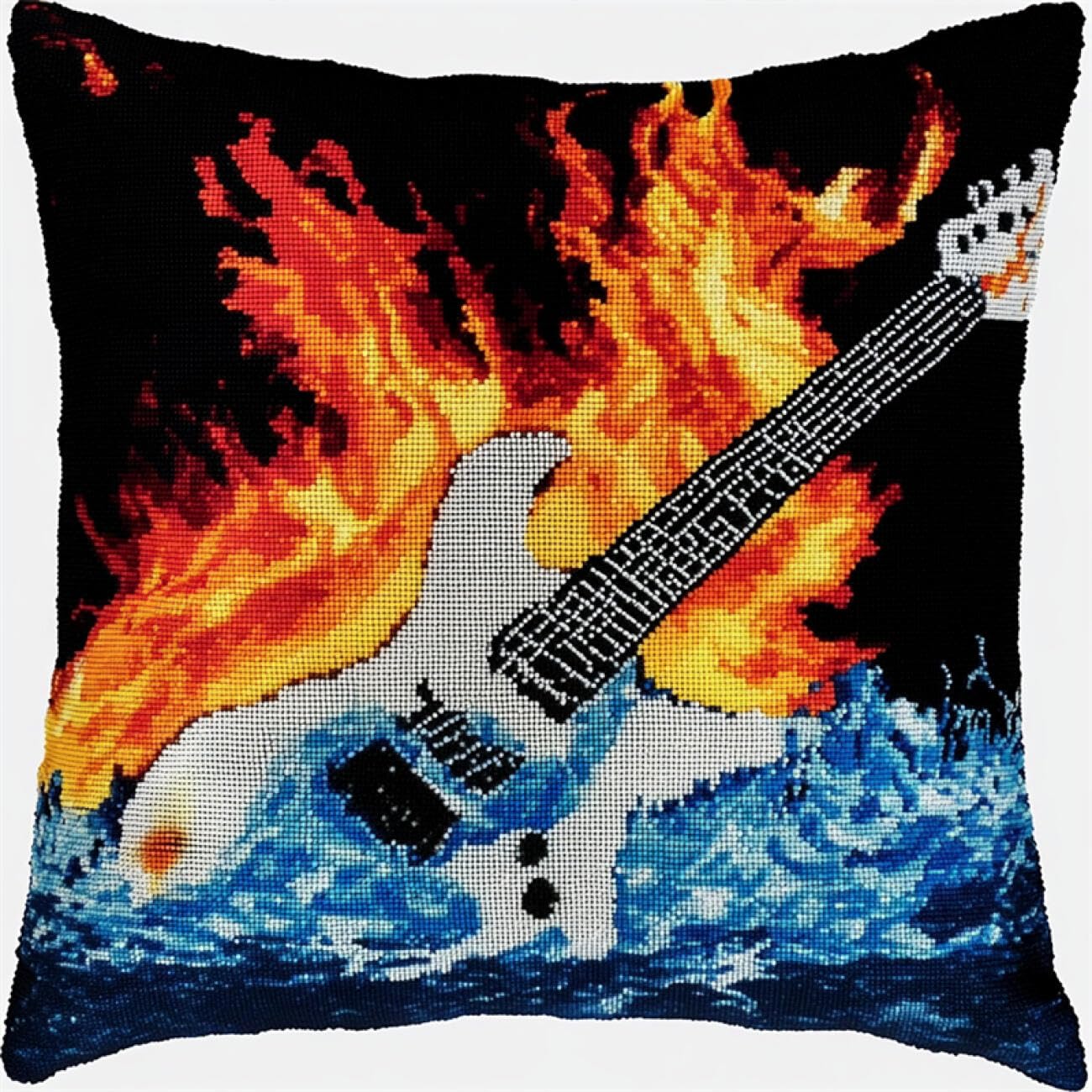 Henypt 9CT Cross Stitch Kits for Adults Pillow Musical Instrument Guitar Needlepoint Craft Set Pre Printed Handmade Cushions Cover Stitched Cushion Kit Decorative for Adults Beginners 45x45cm