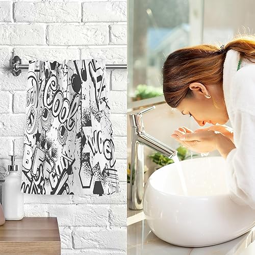 Miniatura 8 de Kigai Juego de 2 toallas de mano con graffiti blanco y negro, altamente absorbentes, de algodón suave, toalla decorativa para baño, para playa,