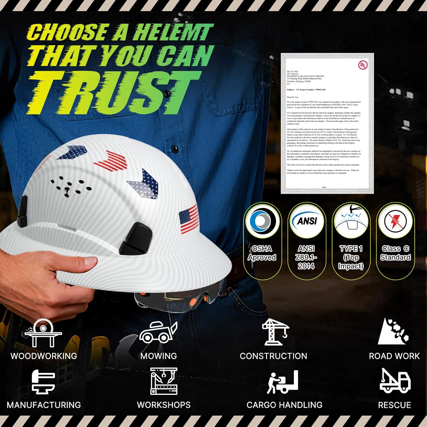 Carbon Fiber Pattern Full Brim Hard Hat with Visor-OSHA Approved Construction Safety Helmet for Men Women,ANSI Z89.1 Vented Reflective Hardhat with Hard Hat Chin Strap,6-Point Suspension