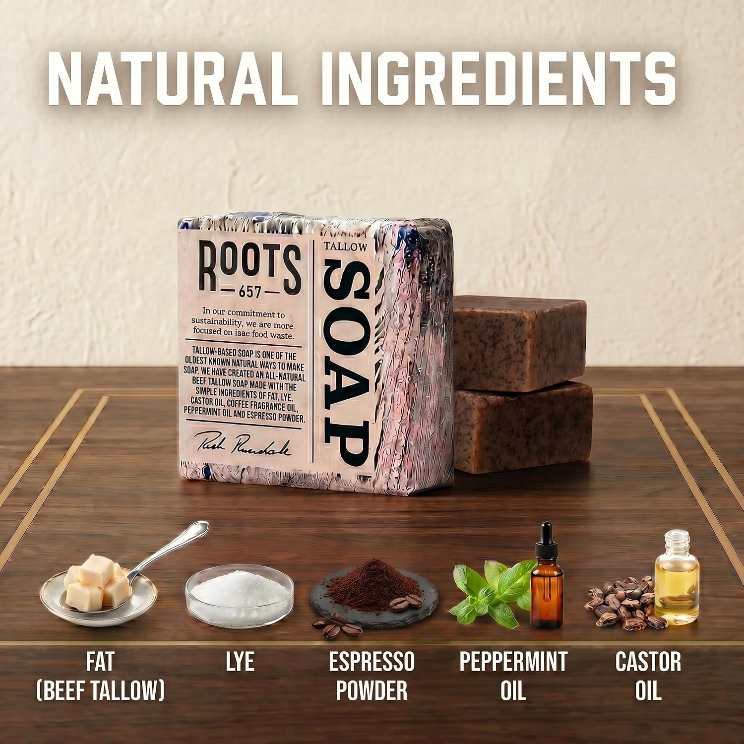 RICH'S BACKYARD Coffee & Peppermint Tallow Soap Bar — Grass-Fed Beef Tallow with Real Espresso Grounds, Peppermint & Coffee Oil — Exfoliating Wake-Up Bar for Men & Women — Handmade in USA (3 Pack)