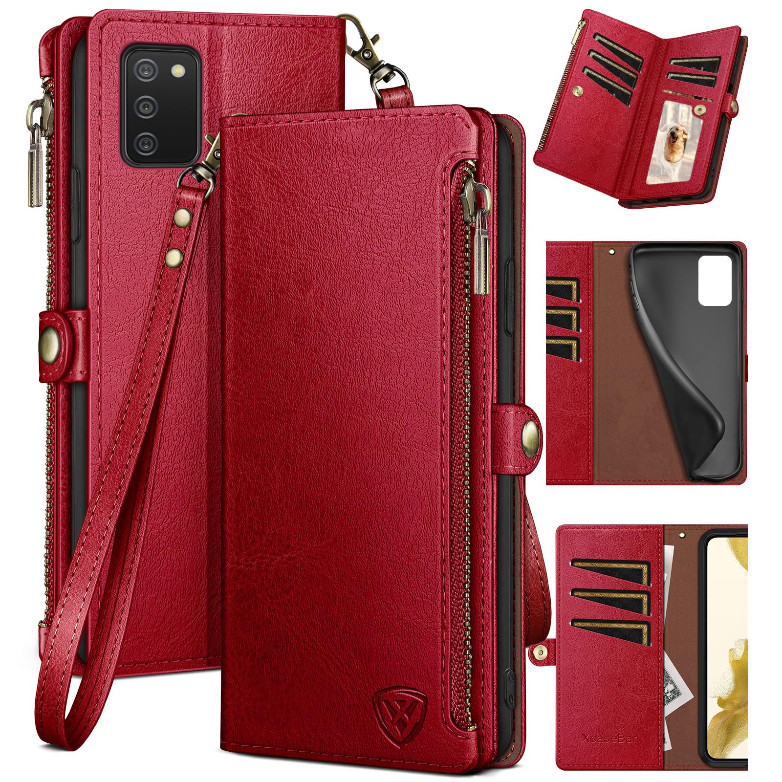 XcaseBar for Samsung Galaxy A03S Wallet case with Zipper Credit Card Holder?RFID Blocking?, Flip Folio Book PU Leather Phone case Shockproof Cover Women Men for SamsungA03S case Red