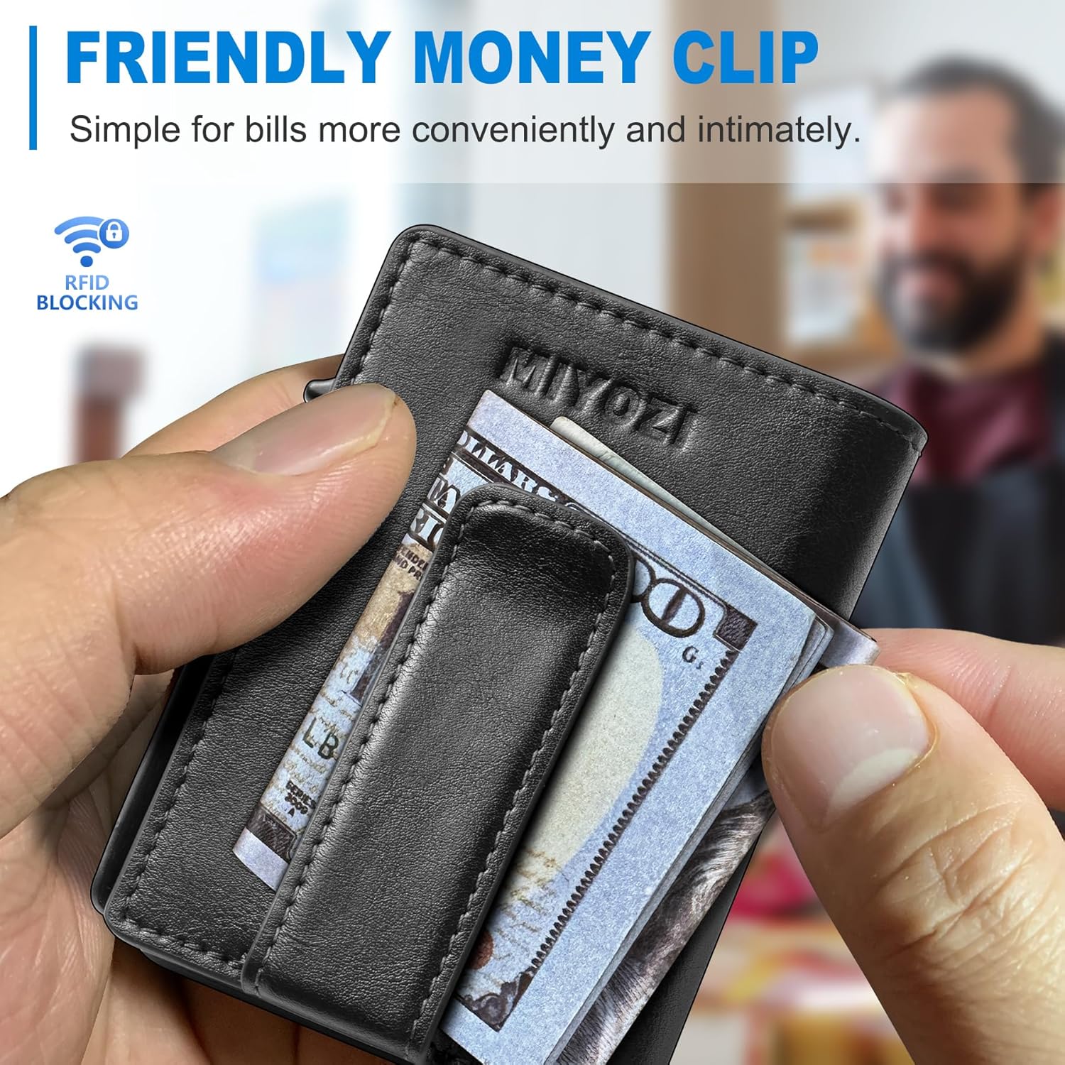 miyozi Wallet for Men, Magnetic Minimalist Slim Wallet with Pop Up Card Holder, 9 Cards RFID Blocking Metal Credit Card Case, Leather Wrapped Money Clip, ID Window & Small Item Slot, Gift Boxed