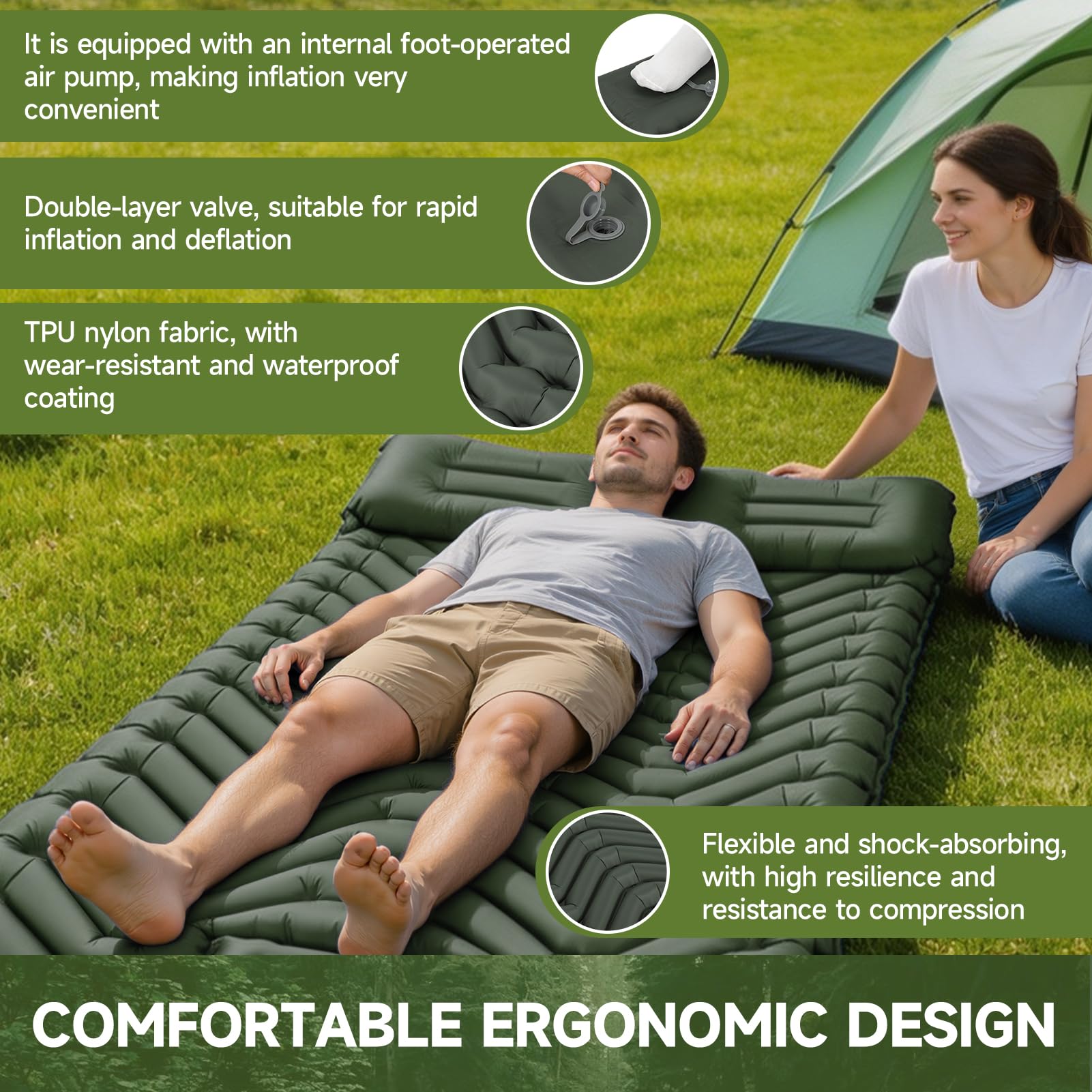 HAUSPROFI Tapis de Camping Isotherme Double, Matelas pneumatique de Camping ultraléger pour 2 Personnes avec Pompe à Pied et Oreiller, Matelas Gonflable Compact et léger, Tapis de Camping, Vert