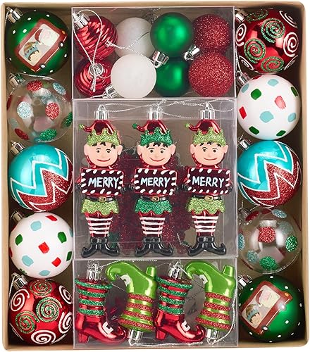 DecorbyHannah - Juego de adornos de Navidad de 40 unidades, varios adornos para árbol de Navidad, color rojo, verde, blanco, adornos decorativos