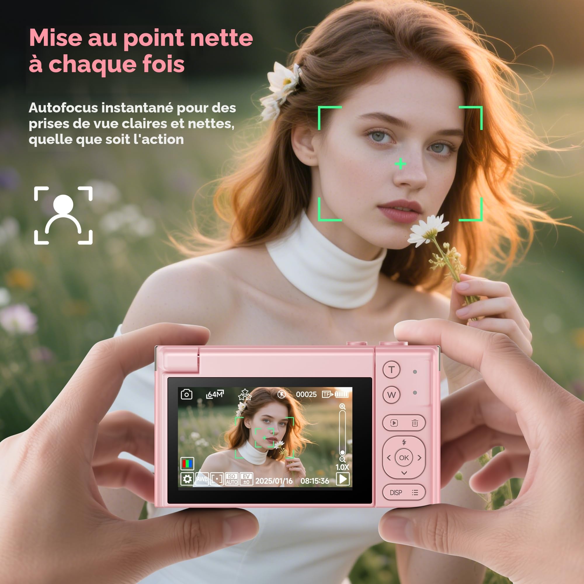 Appareil Photo Numérique 4K Digital: 64MP Appareils Numérique avec Écran Rabattable 180° - Camera pour Vlog avec Carte 32GB - pour Adolescents Débutants Adultes Enfant Rose YYZA9