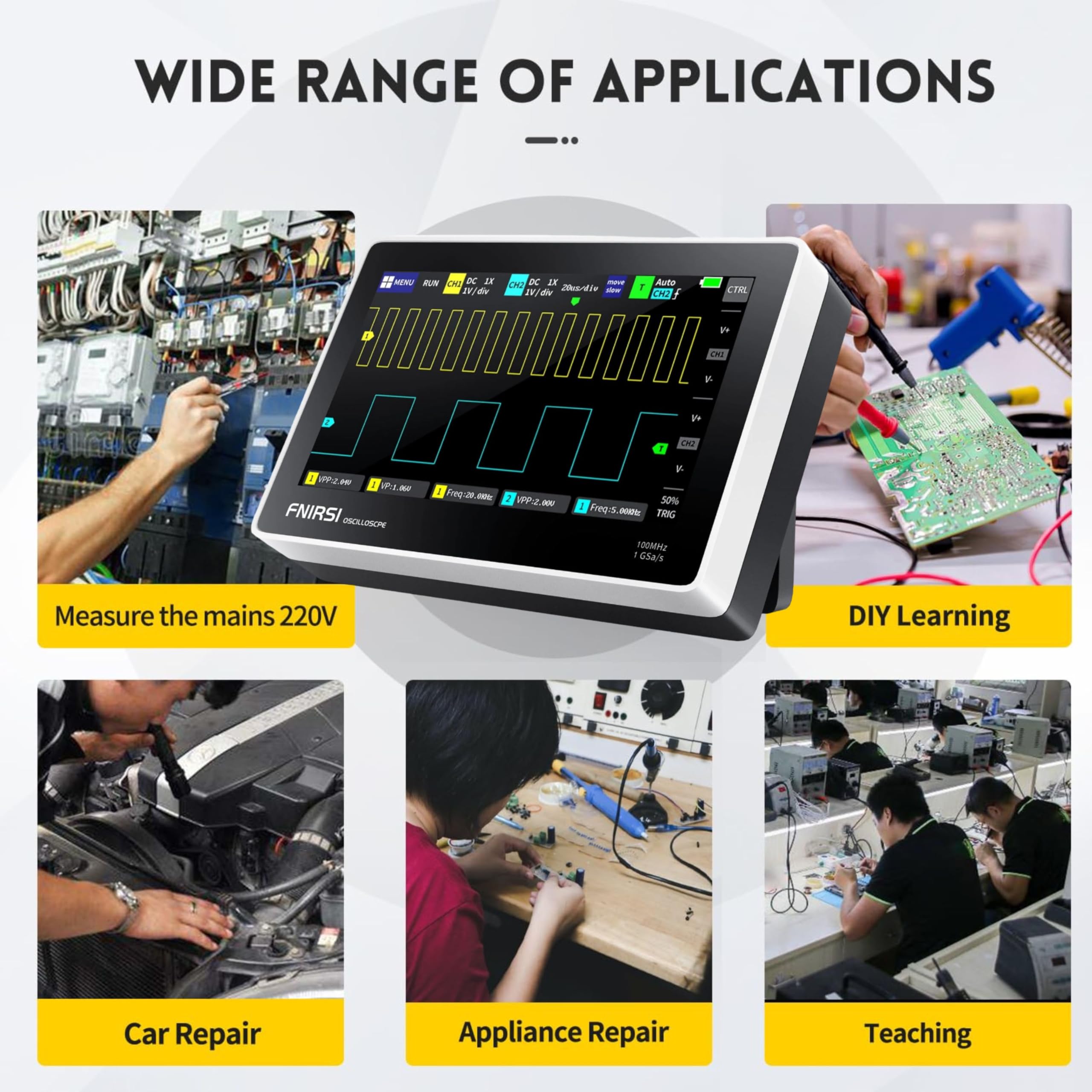 Yellow Tommy Tablet touch ScreenOscilloscope | 1013D | 7-inch Display | 2 Channel | 100M Bandwidth | 1GS/s Sampling Rate | 800×480 Resolution | - Image 9 thumbnail