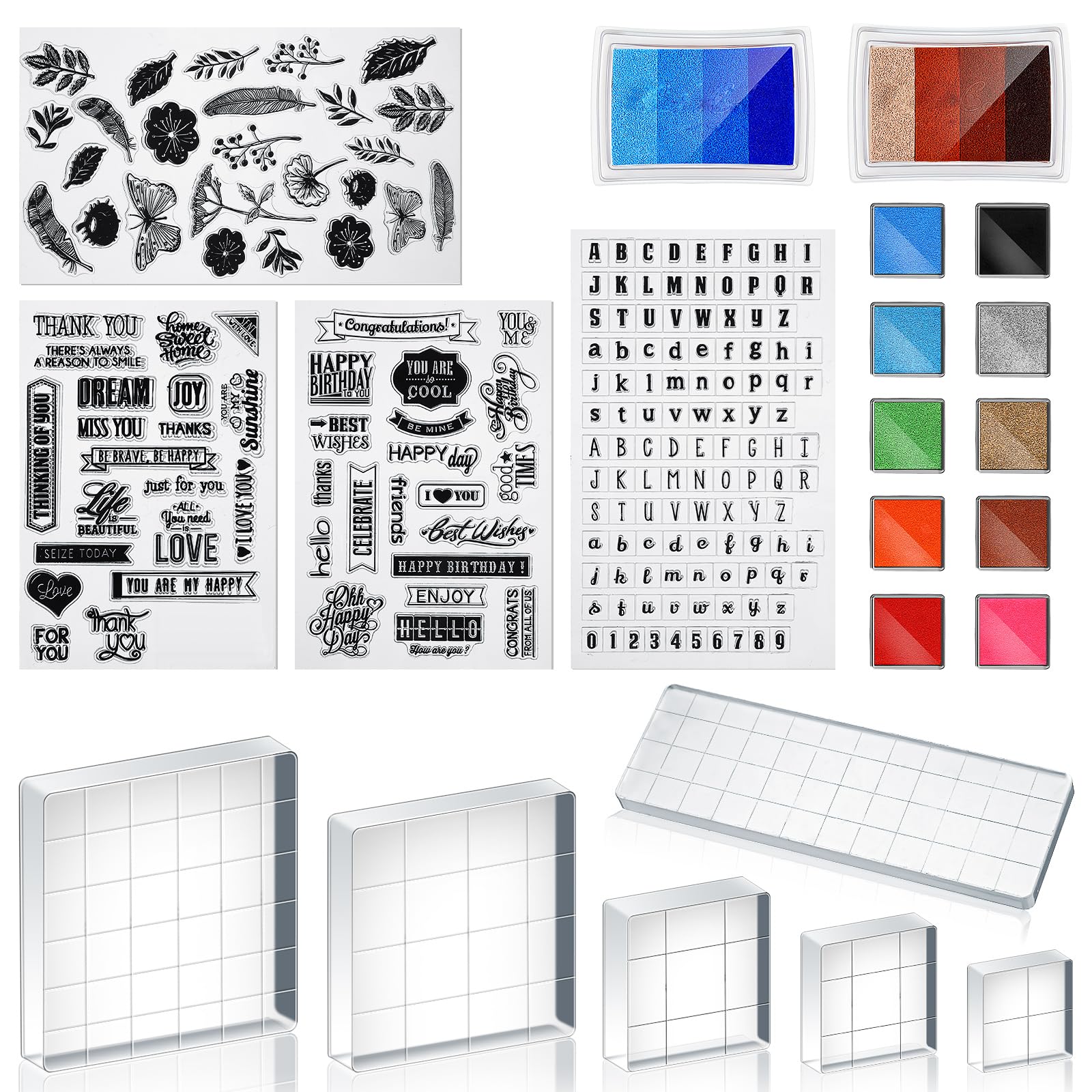Zonon 22 Pieces Acrylic Stamp Blocks Tools Set Include 6 Clear Stamp Blocks, 4 Transparent Silicone Seals, 12 Craft Ink Pad for Scrapbooking Card Making
