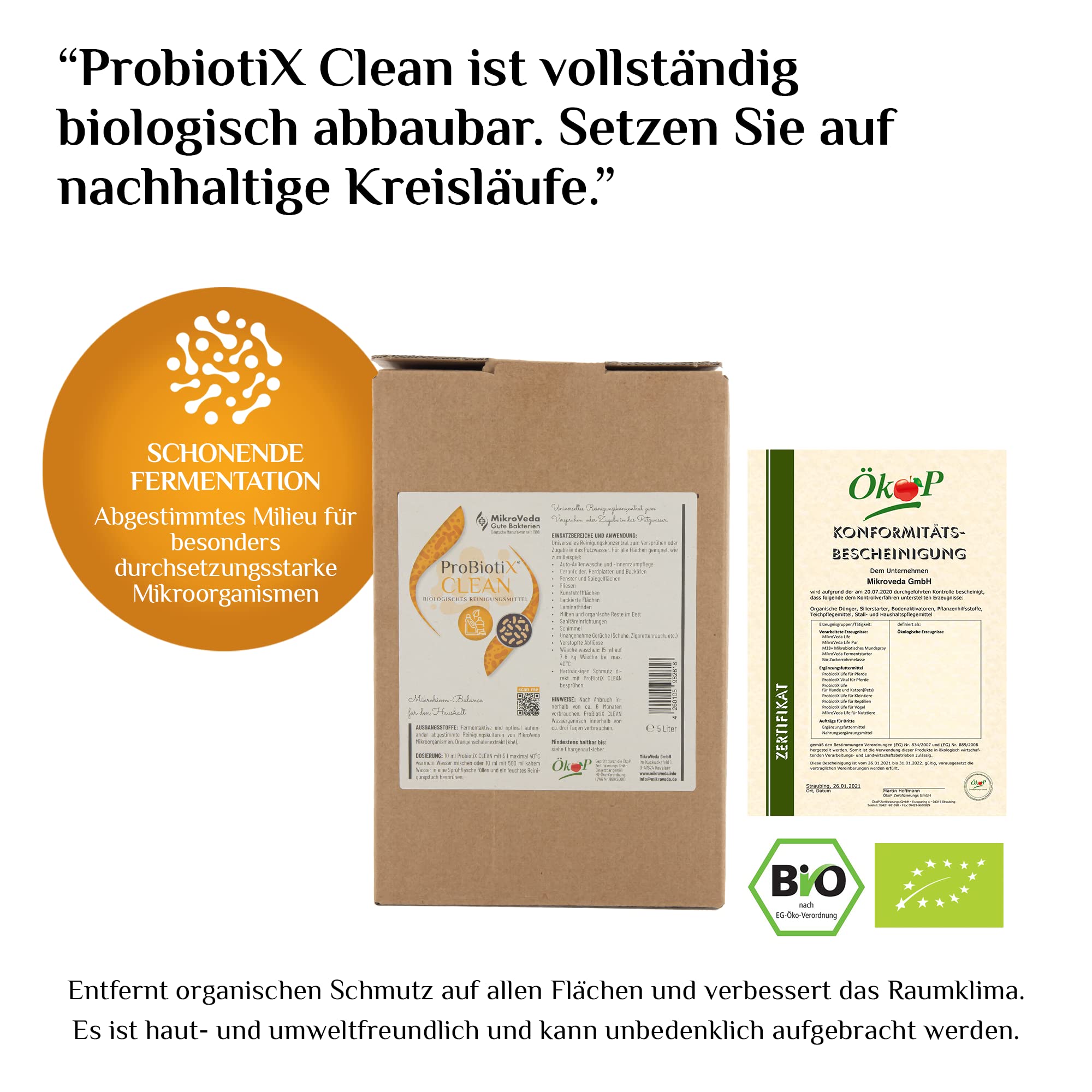 MikroVeda ProbiotiX Clean mikrobiotisches Bio-Reinigungsmittel, 100% natürlicher Allzweckreiniger, Orangenreiniger Konzentrat 5l
